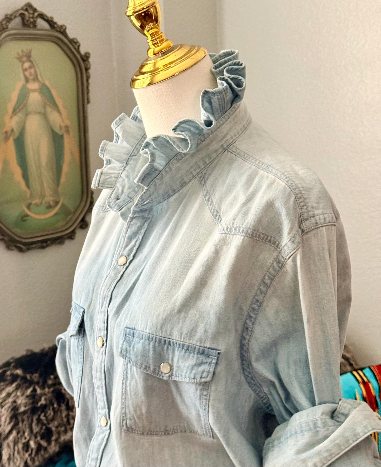 Reworked Light Wash and Light Weight Denim Snap Ruffle Collar Top