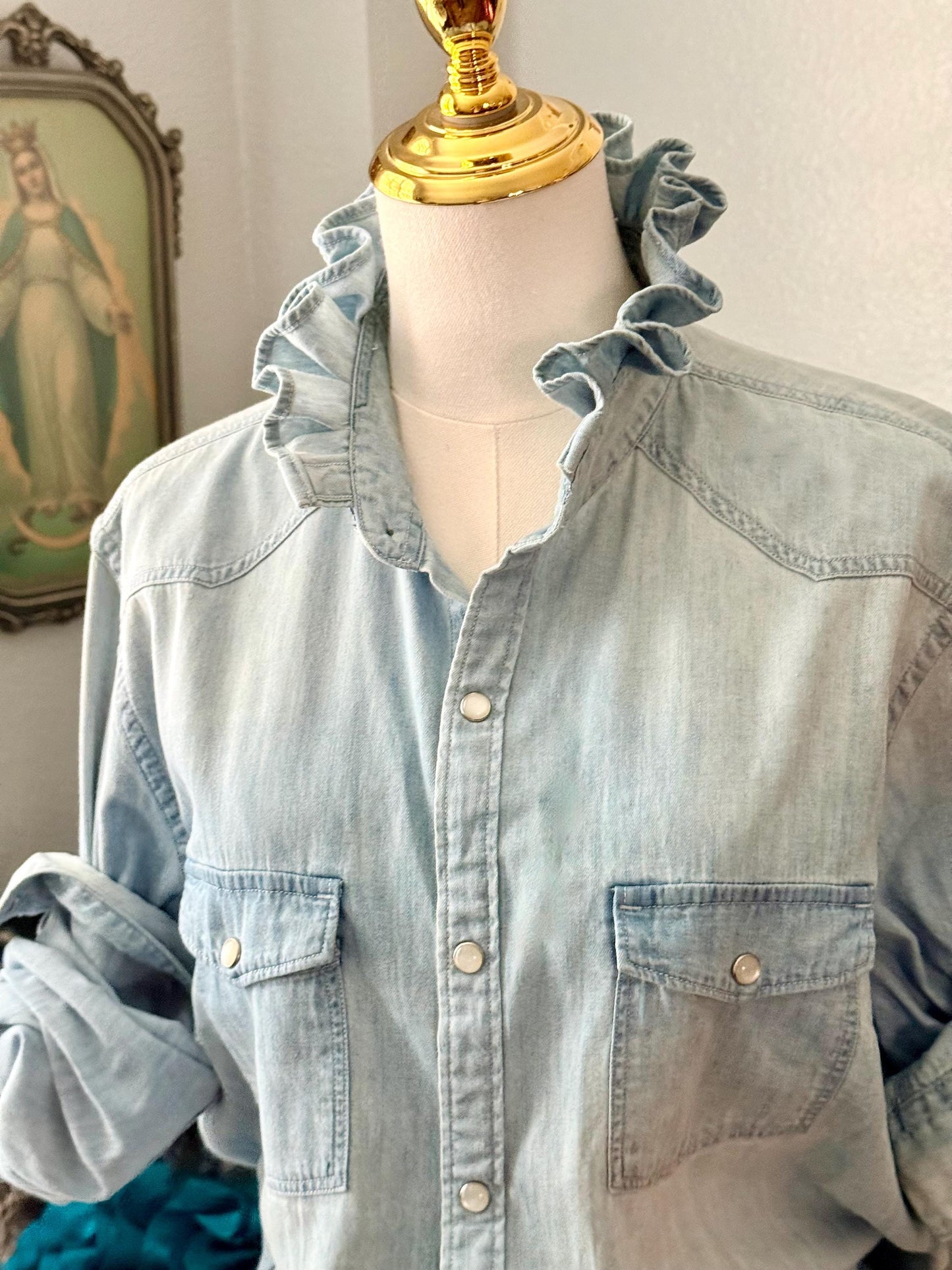 Reworked Light Wash and Light Weight Denim Snap Ruffle Collar Top