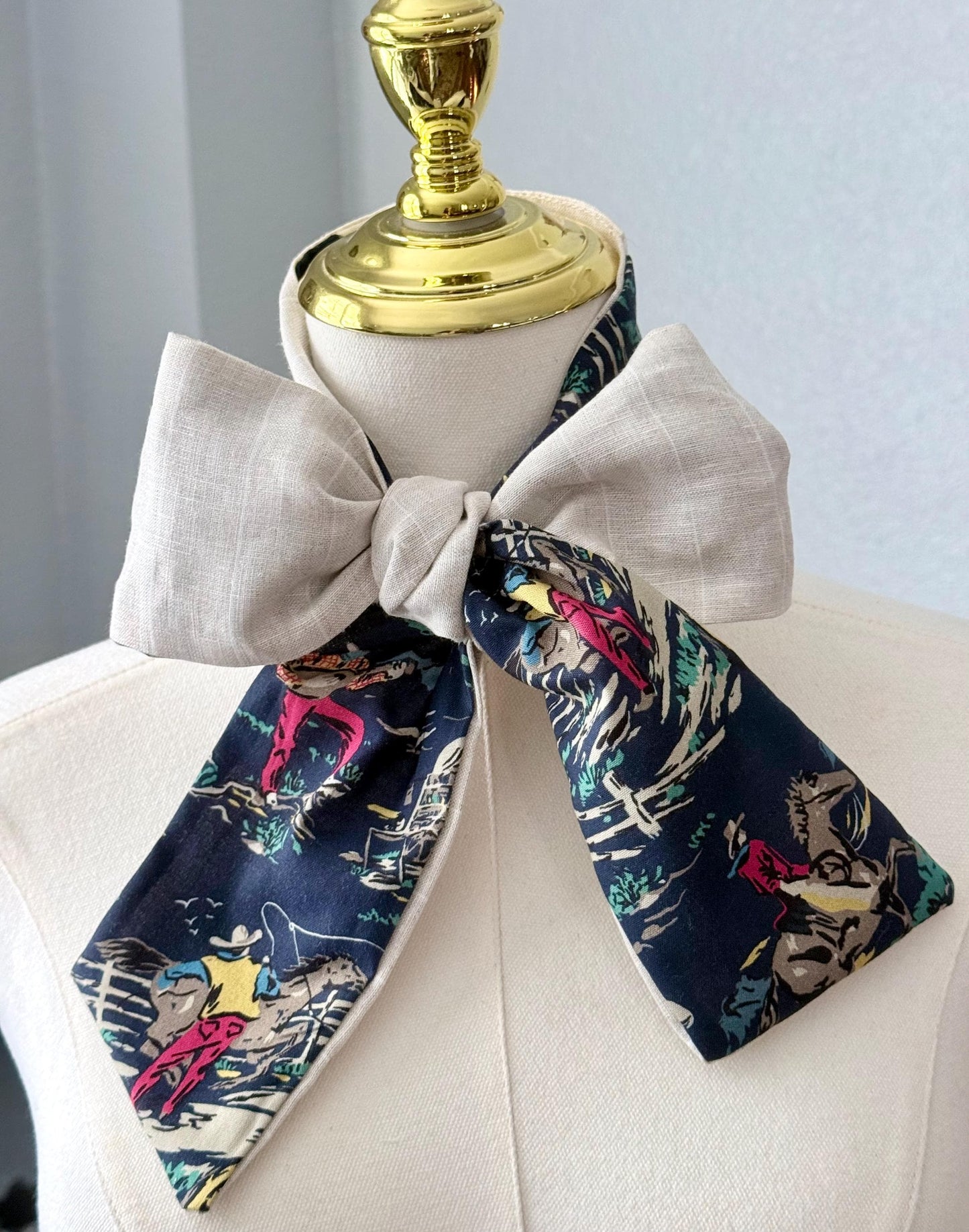 Handmade Linen Skinnyish Scarf, Western Cowboy Ranch Scene