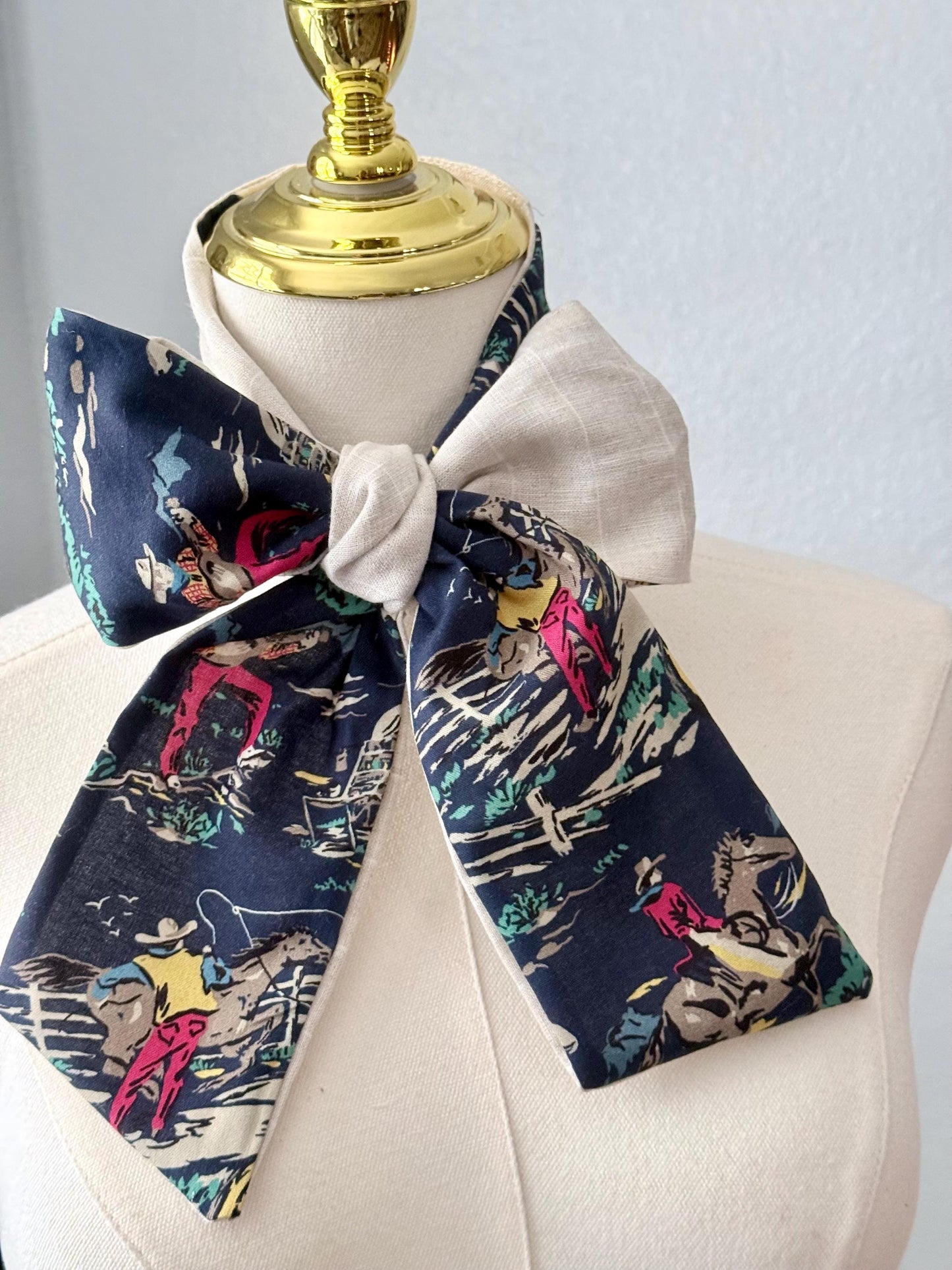 Handmade Linen Skinnyish Scarf, Western Cowboy Ranch Scene