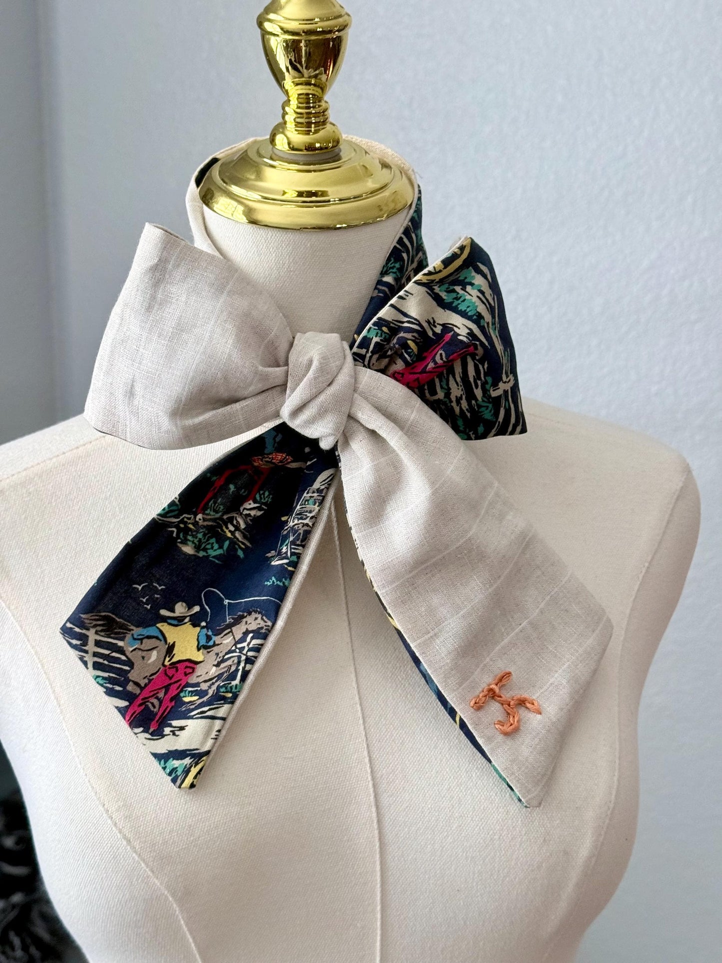 Handmade Linen Skinnyish Scarf, Western Cowboy Ranch Scene