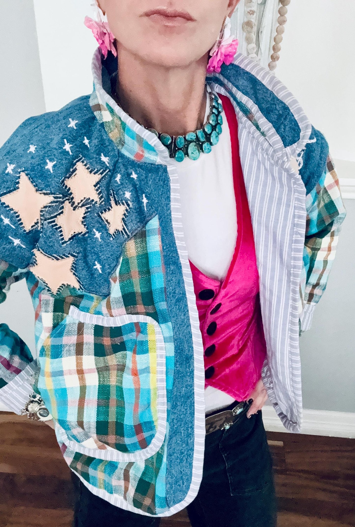 One-of-a-Kind Coat | 100% Cotton | Handmade Appliqué in Denim, Cowhide & Pigskin | Statement Western Jacket