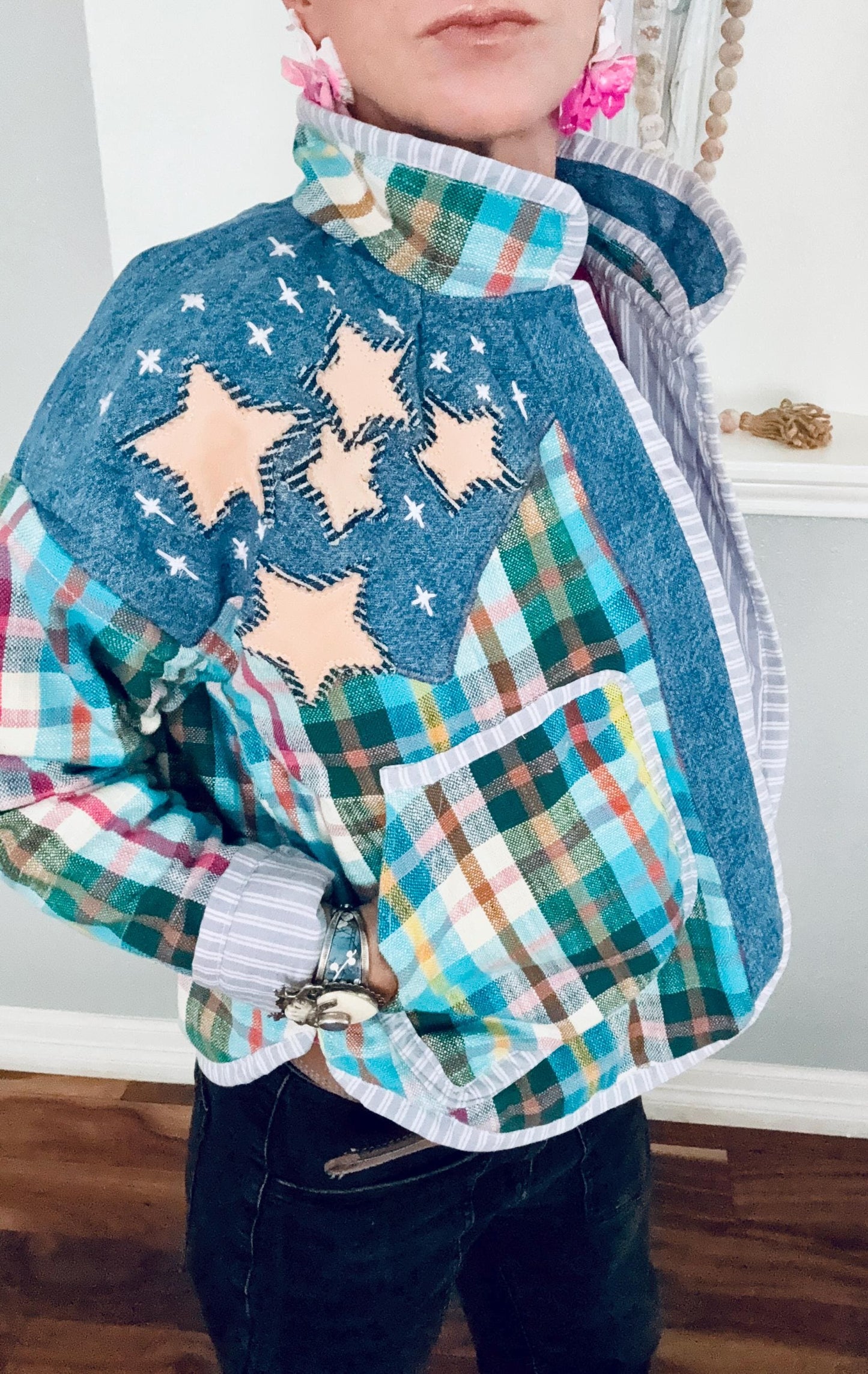 One-of-a-Kind Coat | 100% Cotton | Handmade Appliqué in Denim, Cowhide & Pigskin | Statement Western Jacket