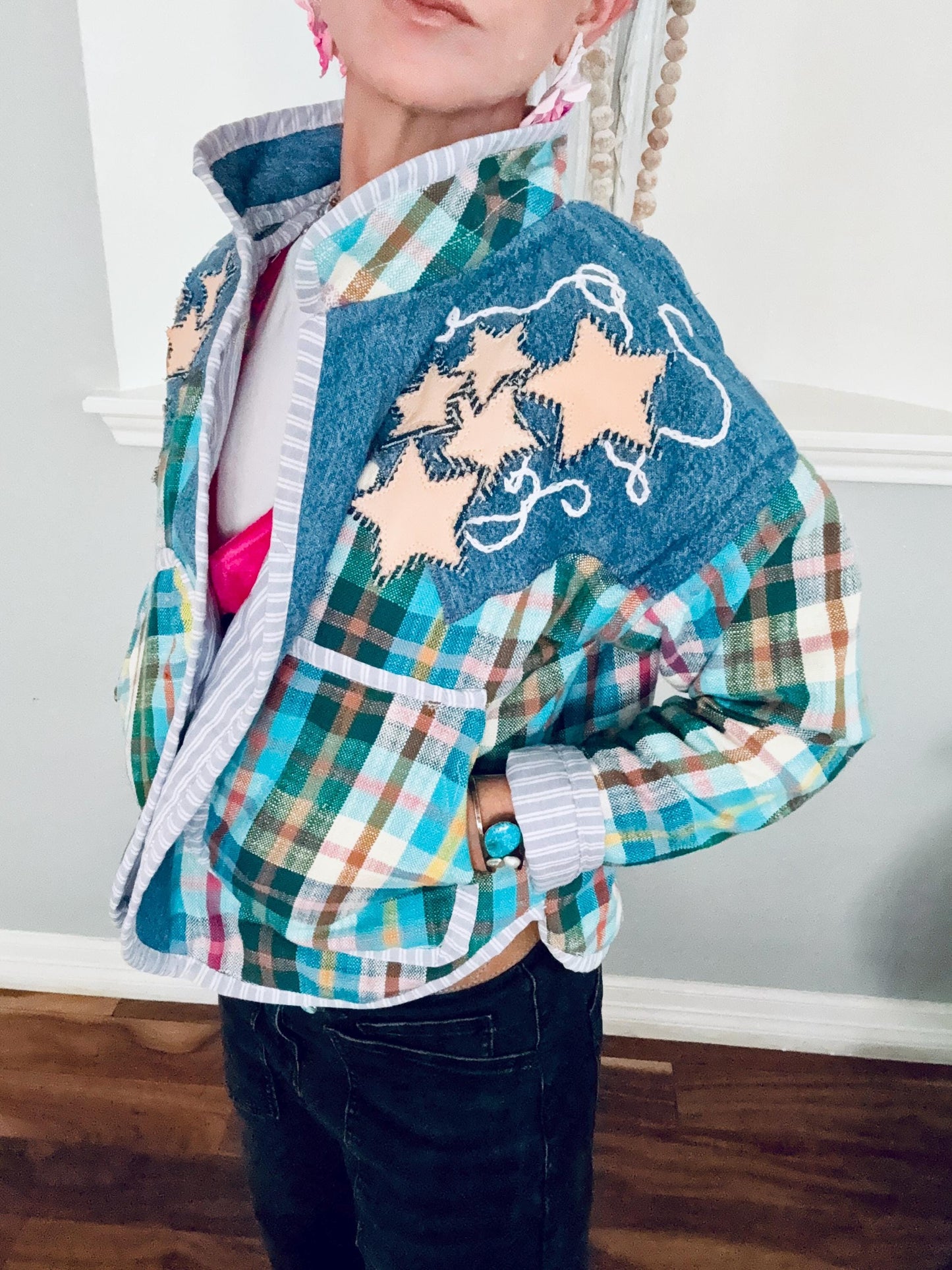 One-of-a-Kind Coat | 100% Cotton | Handmade Appliqué in Denim, Cowhide & Pigskin | Statement Western Jacket