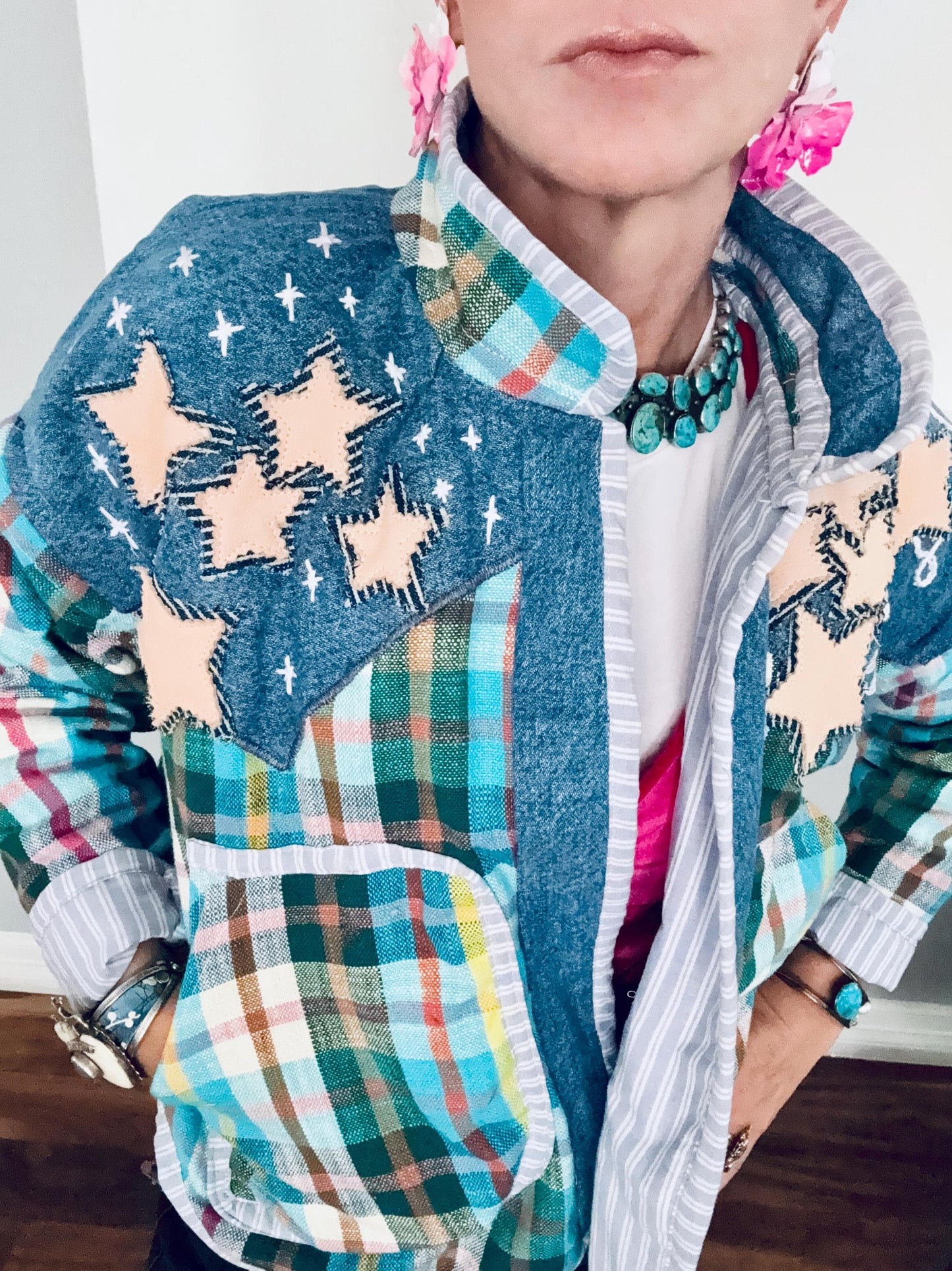 One-of-a-Kind Coat | 100% Cotton | Handmade Appliqué in Denim, Cowhide & Pigskin | Statement Western Jacket