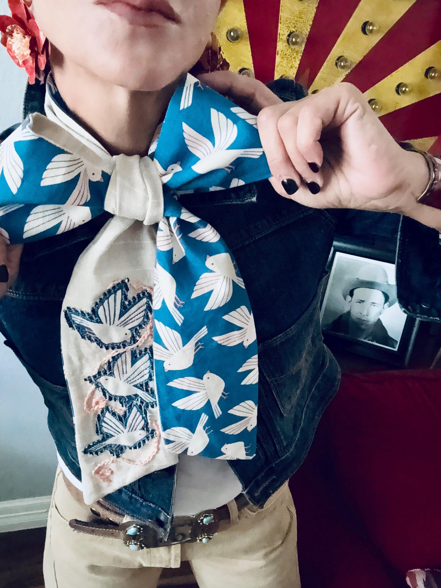 Handmade Linen Skinnyish Scarf, Birds