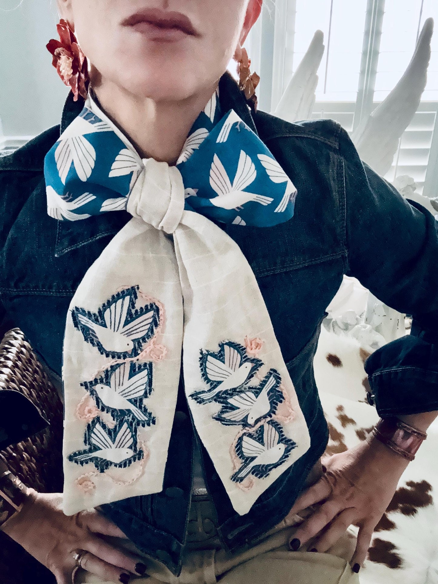 Handmade Linen Skinnyish Scarf, Birds