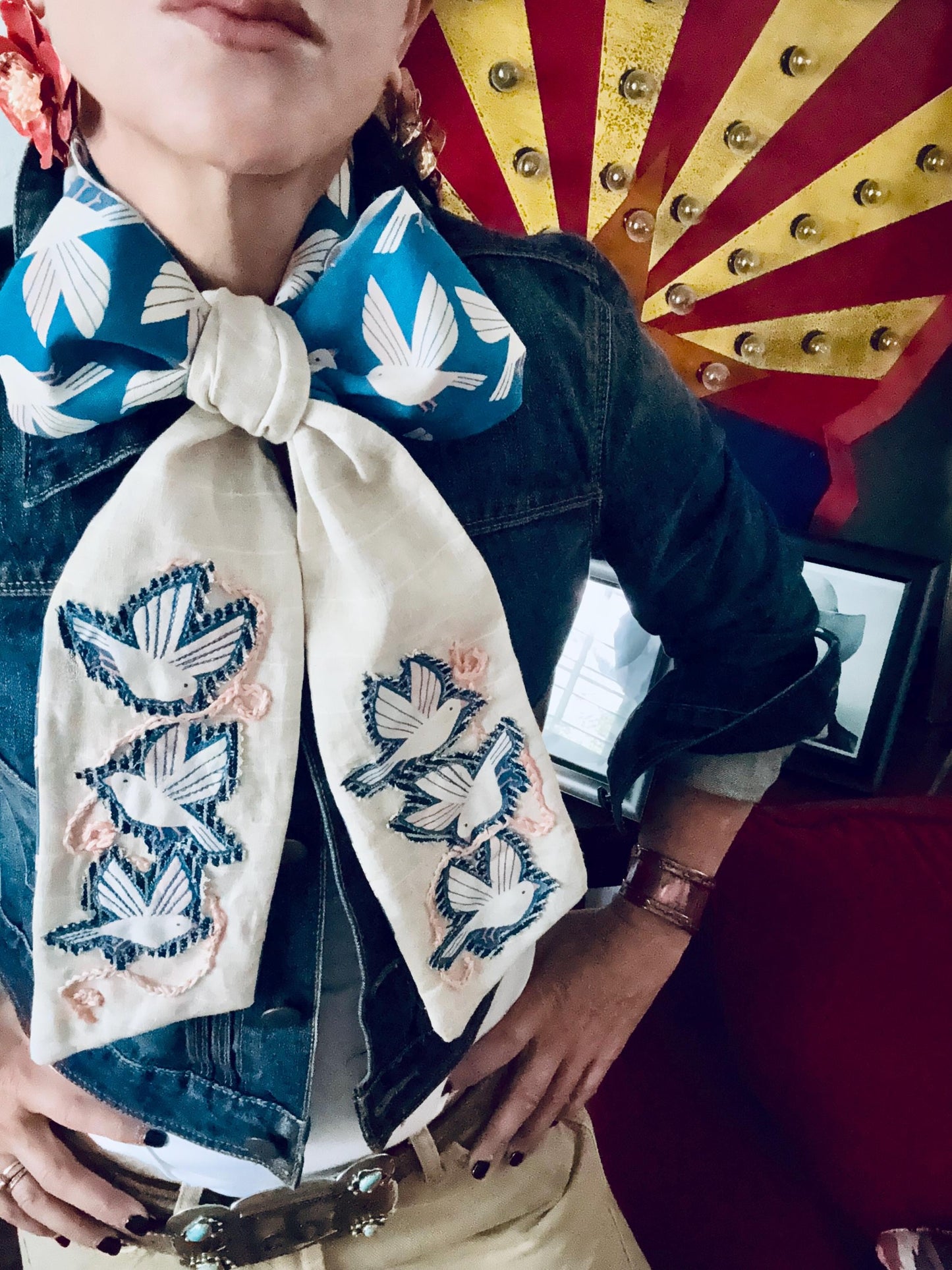 Handmade Linen Skinnyish Scarf, Birds