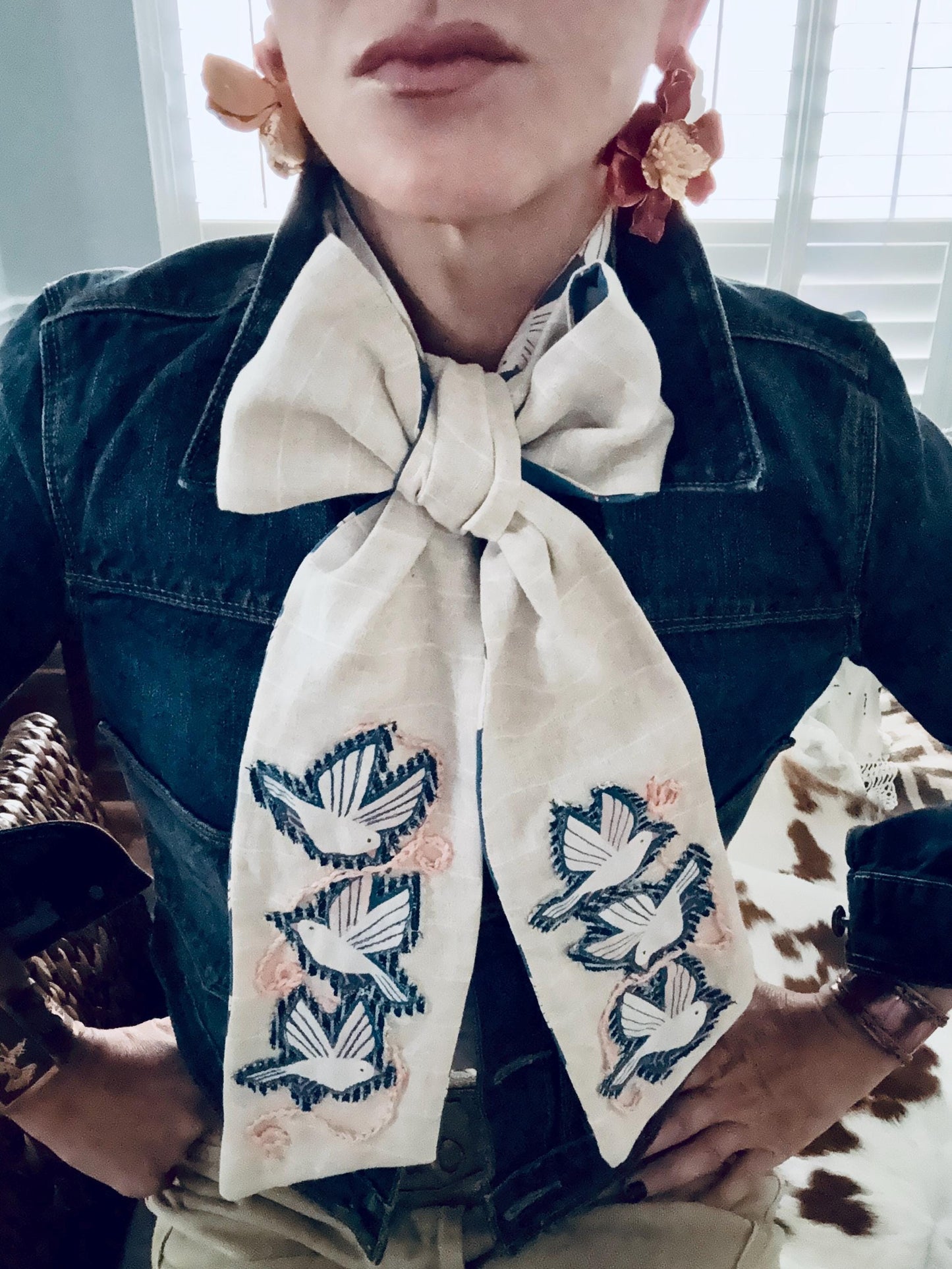 Handmade Linen Skinnyish Scarf, Birds