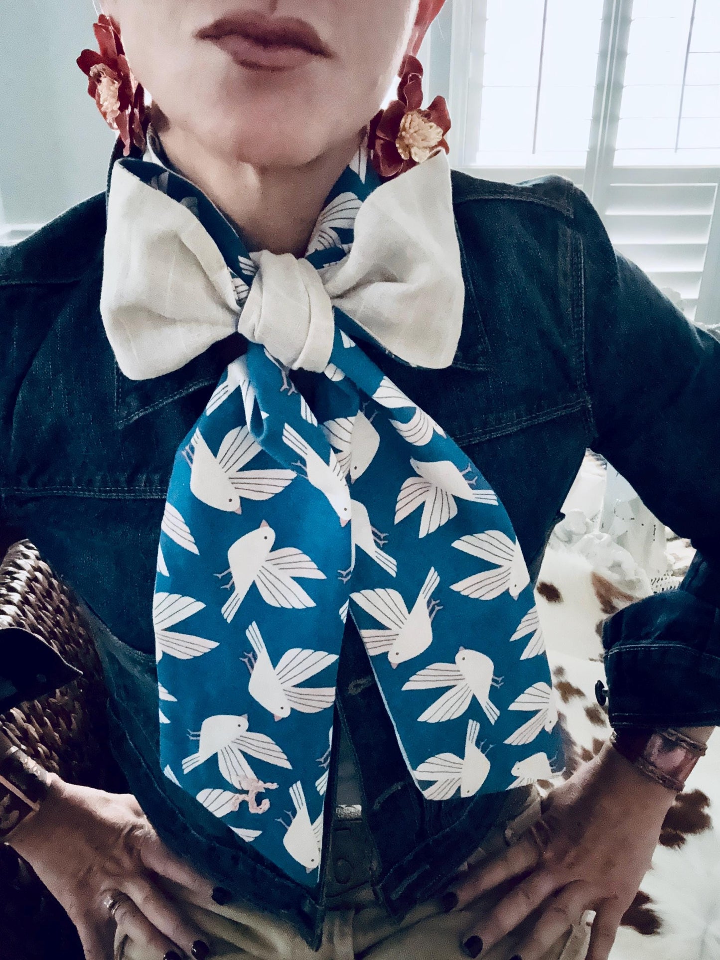 Handmade Linen Skinnyish Scarf, Birds