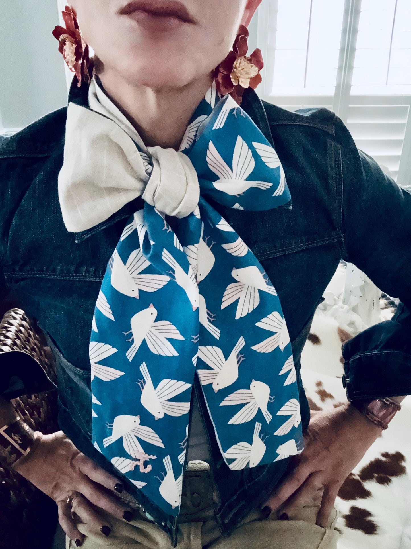 Handmade Linen Skinnyish Scarf, Birds