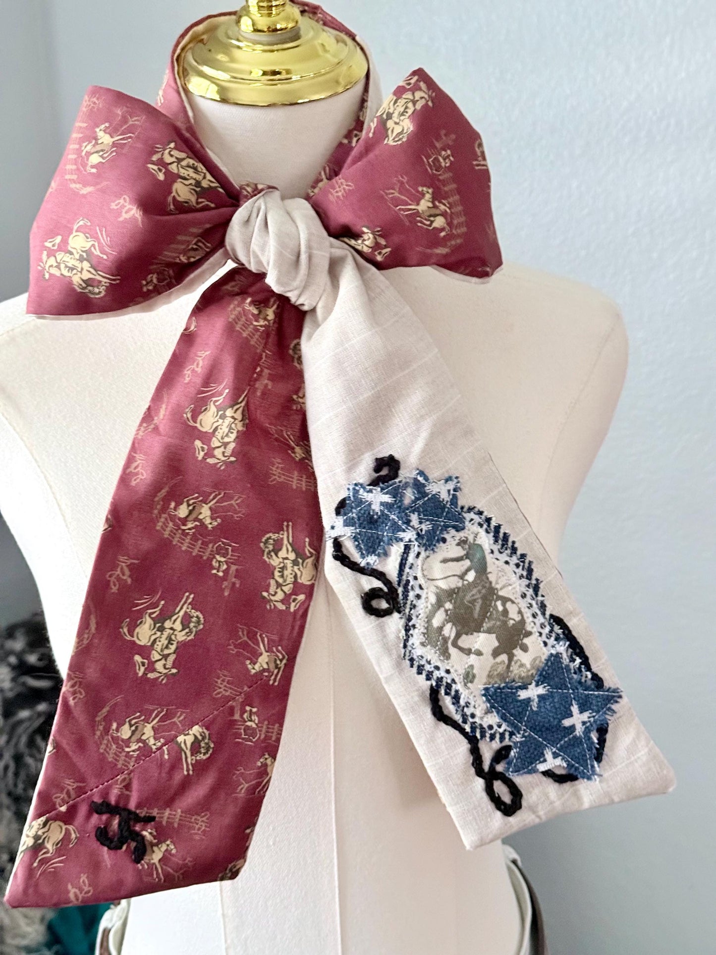 Handmade Linen Skinnyish Scarf, Buckin' Bronco