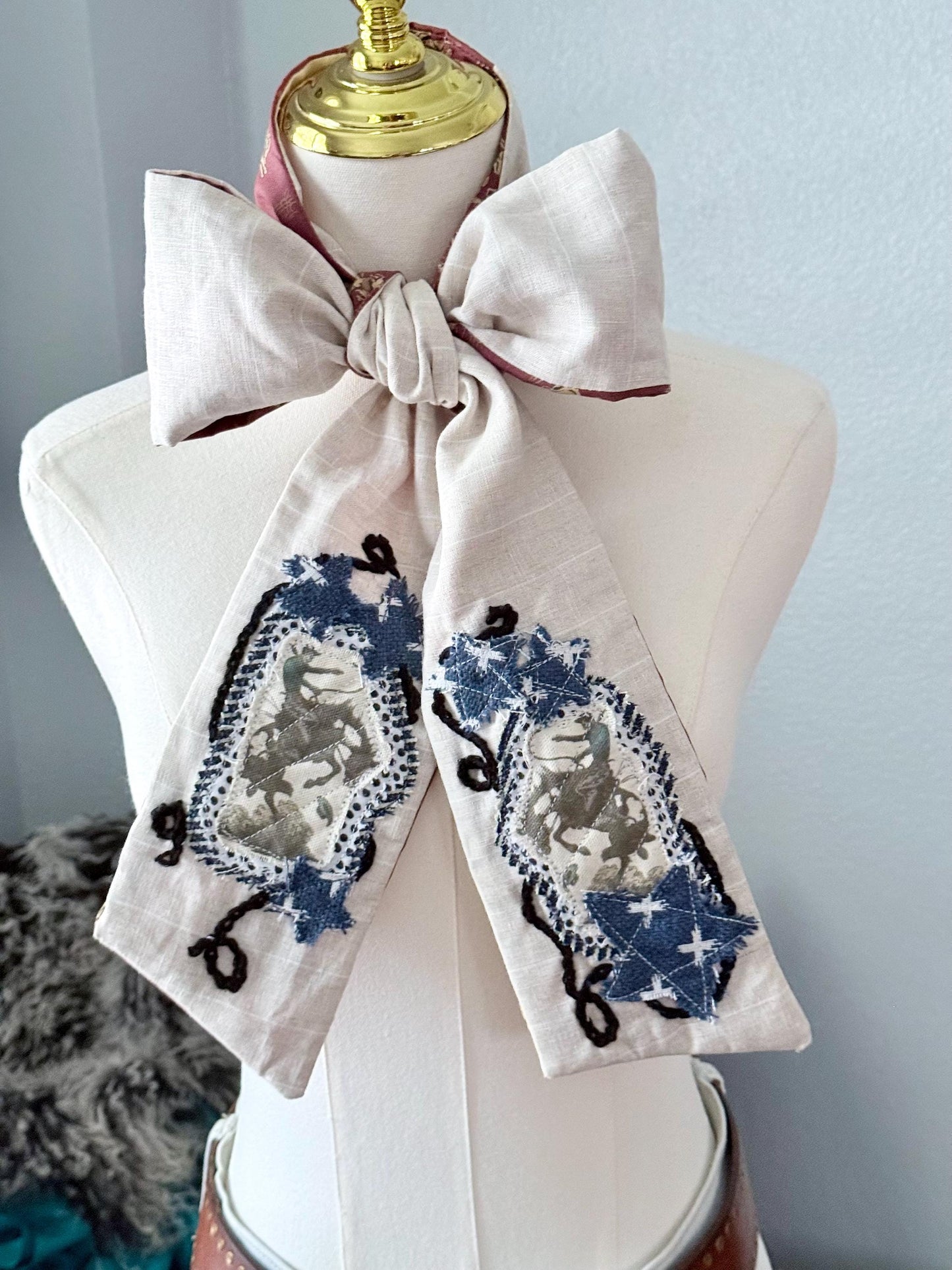 Handmade Linen Skinnyish Scarf, Buckin' Bronco