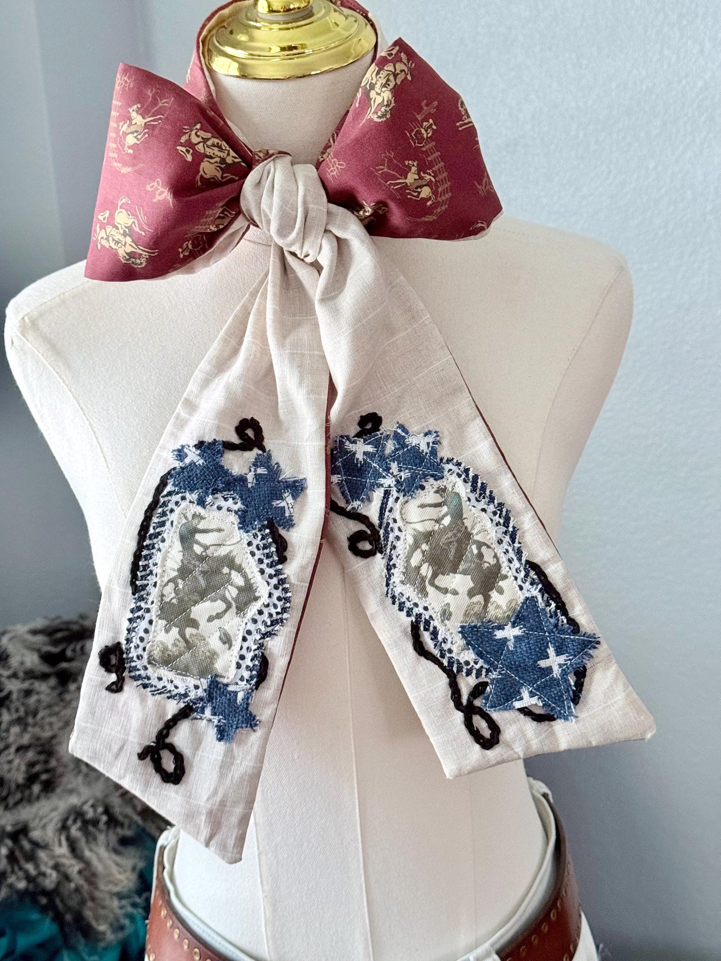 Handmade Linen Skinnyish Scarf, Buckin' Bronco