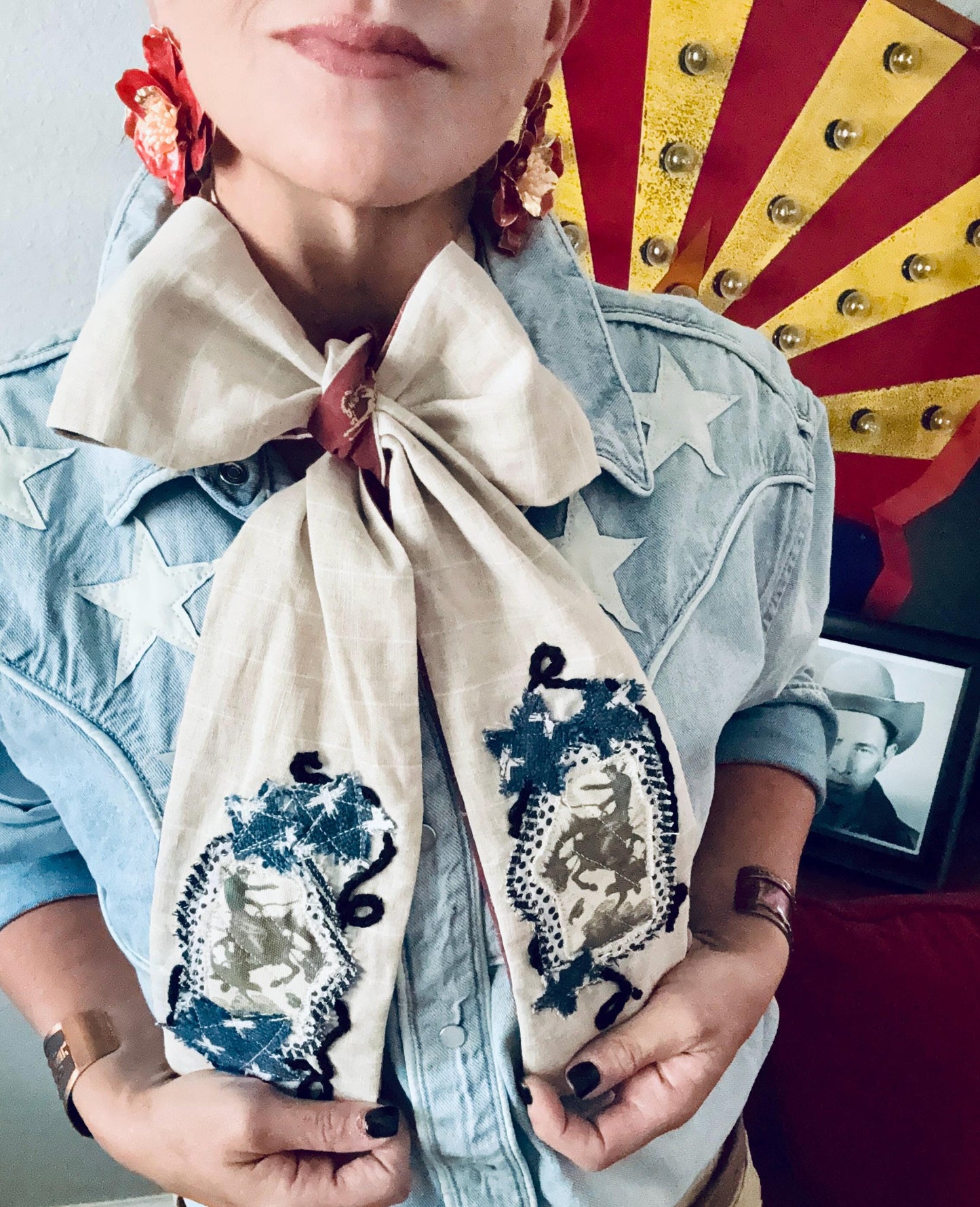 Handmade Linen Skinnyish Scarf, Buckin' Bronco