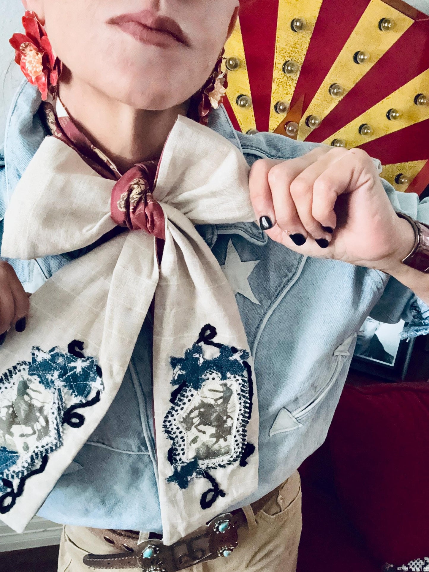 Handmade Linen Skinnyish Scarf, Buckin' Bronco