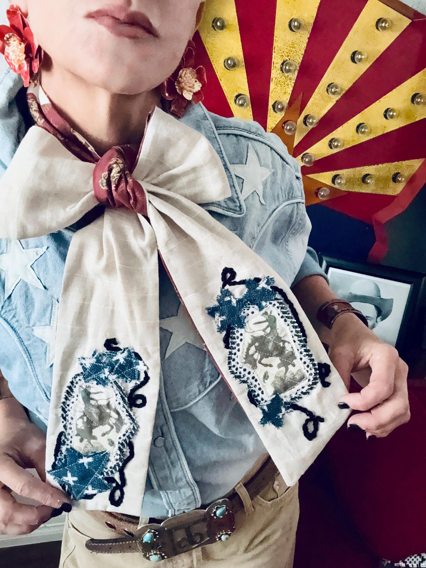 Handmade Linen Skinnyish Scarf, Buckin' Bronco