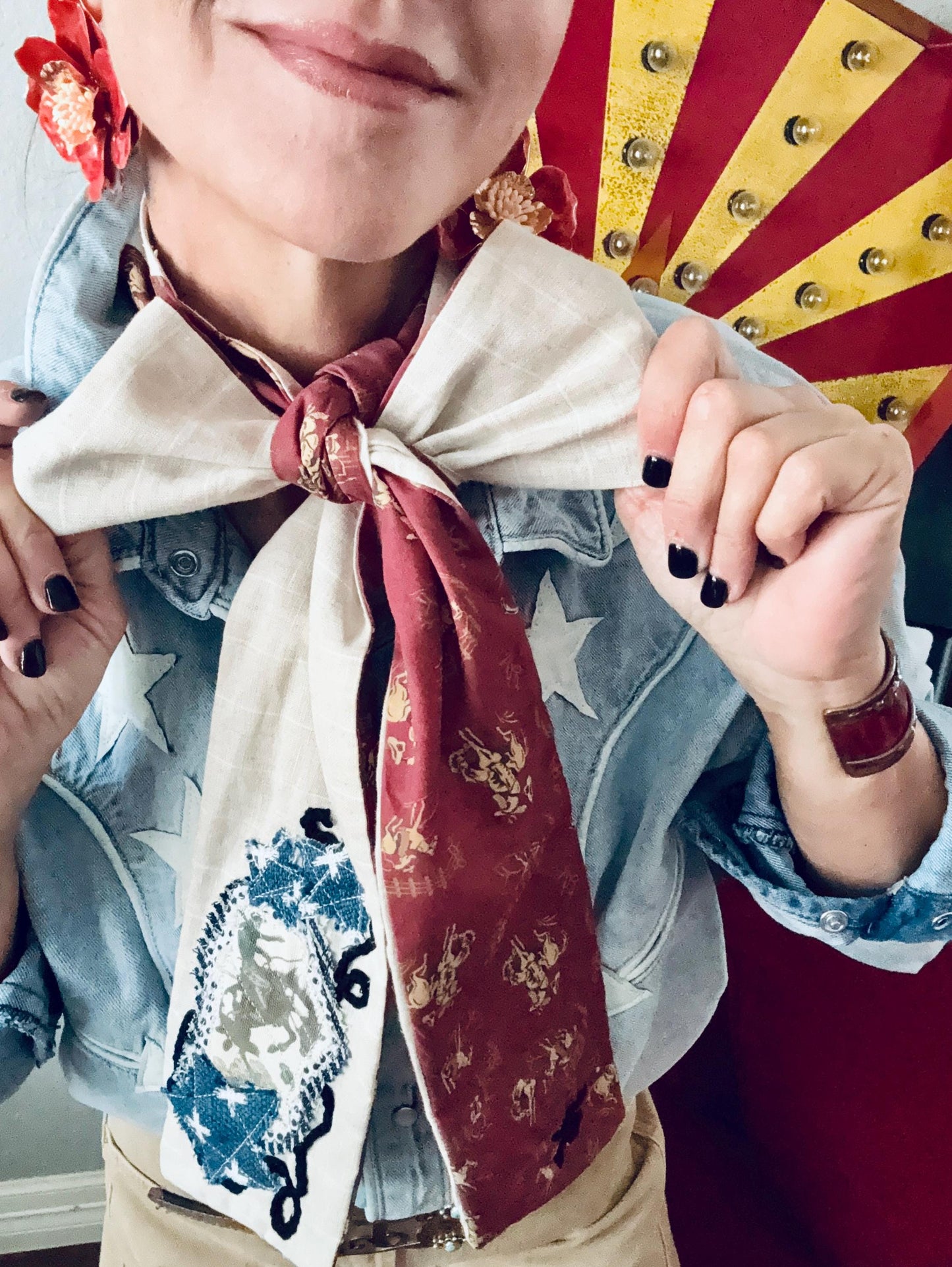 Handmade Linen Skinnyish Scarf, Buckin' Bronco