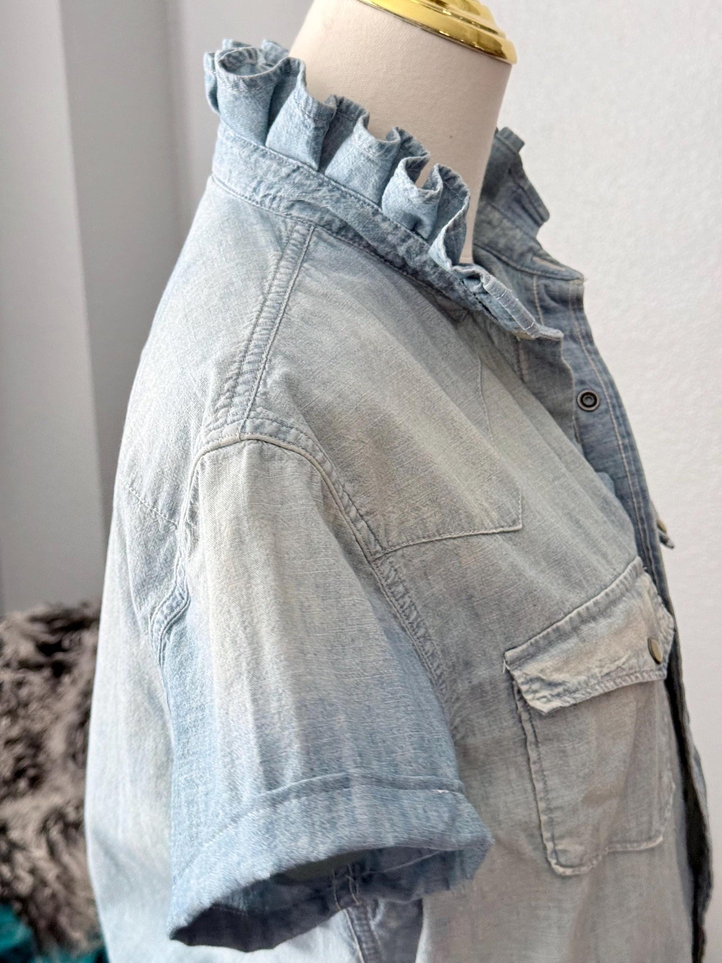 Reworked Ralph Lauren Pearl Snap Shirt:  Light Wash and Light Weight Denim Ruffle Collar Top Classic Fit