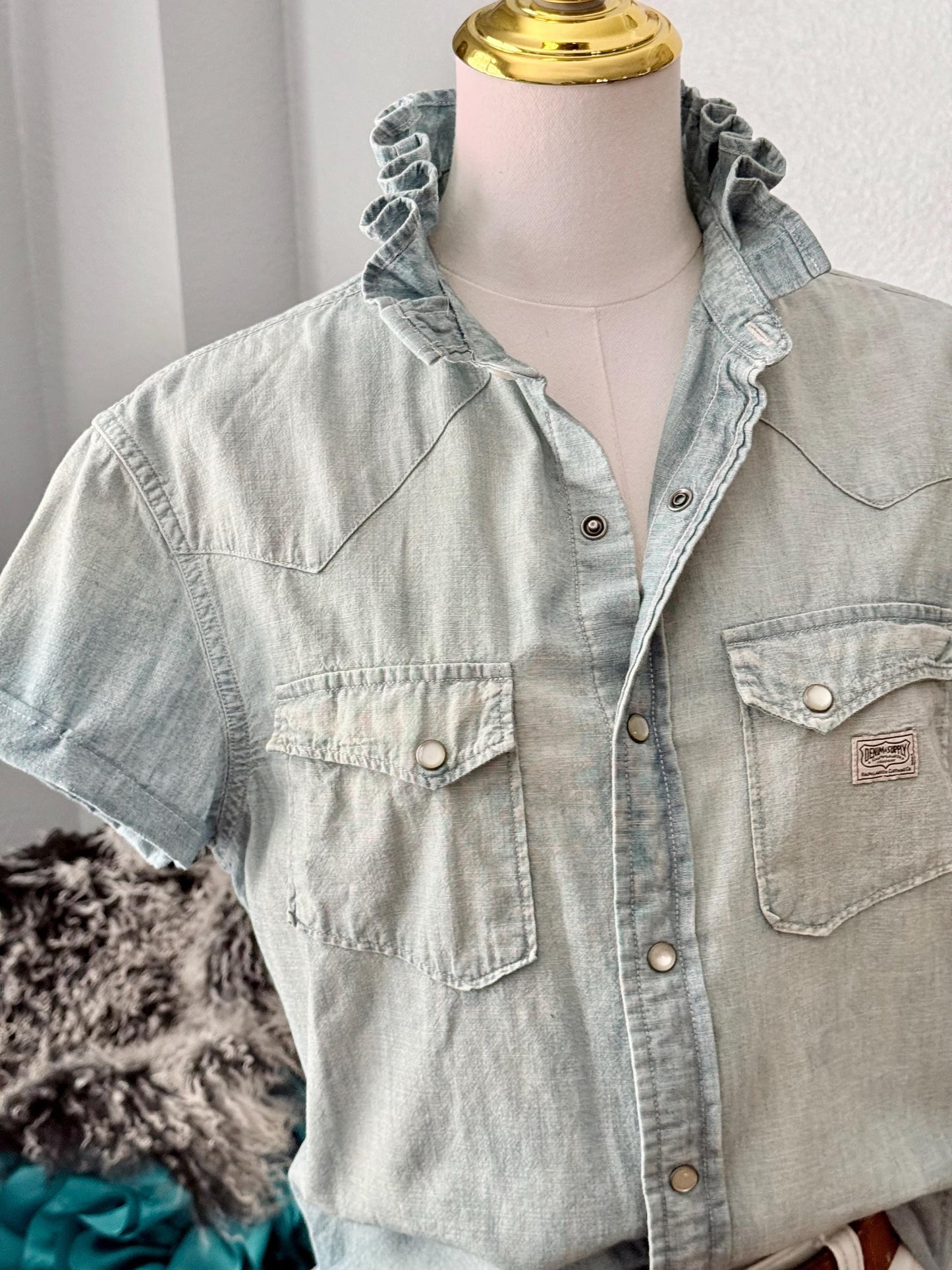 Reworked Ralph Lauren Pearl Snap Shirt:  Light Wash and Light Weight Denim Ruffle Collar Top Classic Fit