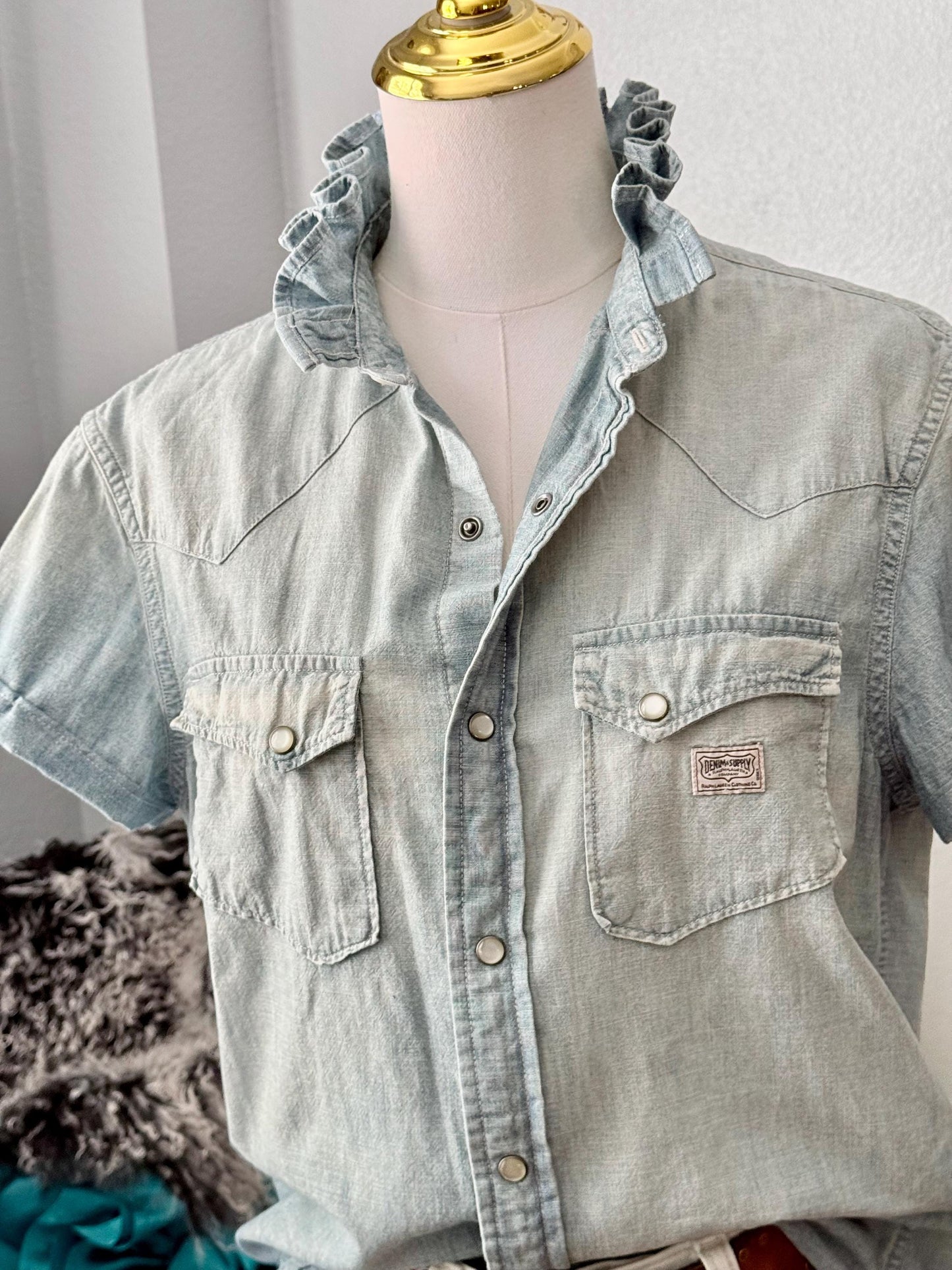 Reworked Ralph Lauren Pearl Snap Shirt:  Light Wash and Light Weight Denim Ruffle Collar Top Classic Fit