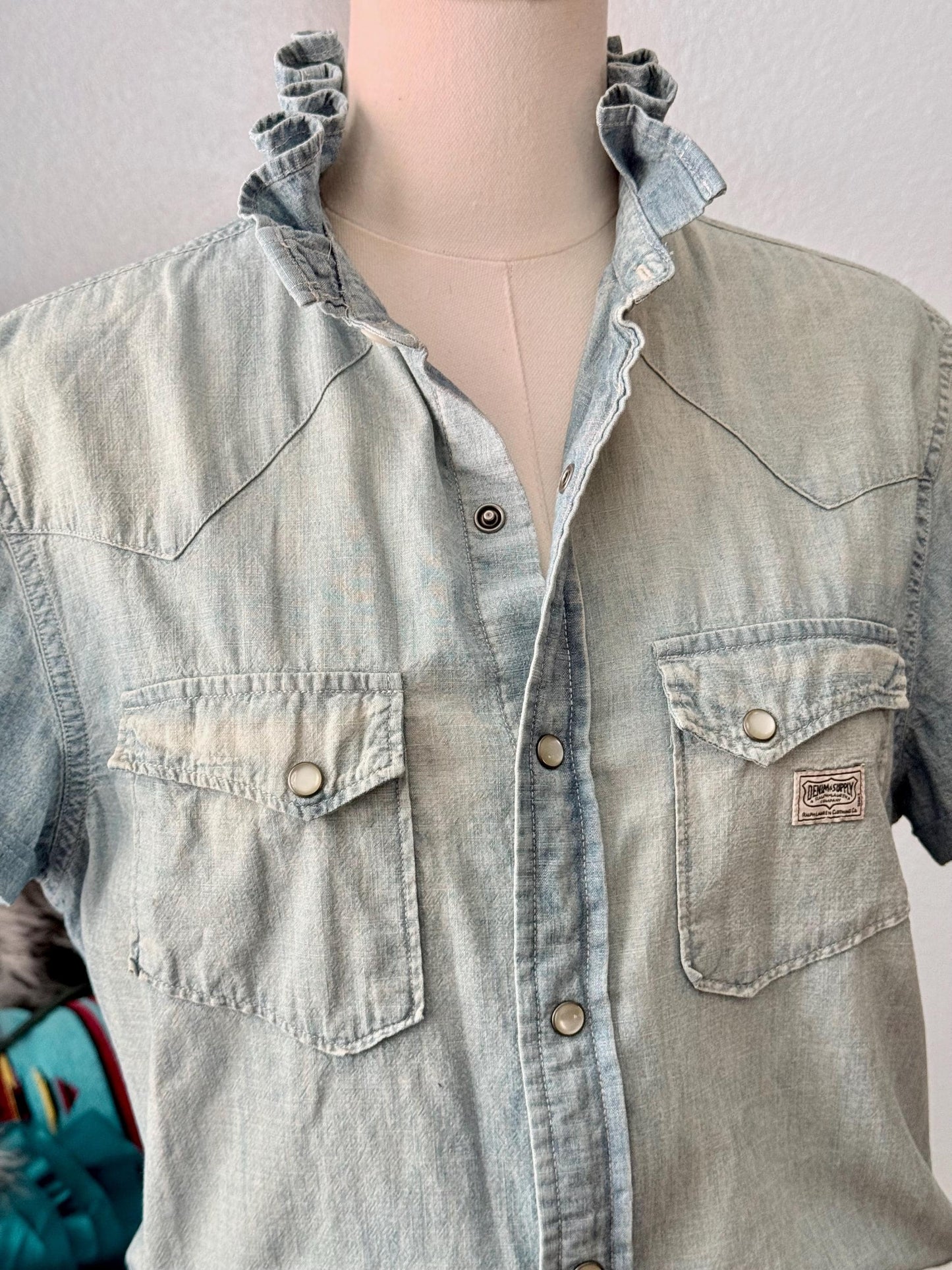 Reworked Ralph Lauren Pearl Snap Shirt:  Light Wash and Light Weight Denim Ruffle Collar Top Classic Fit