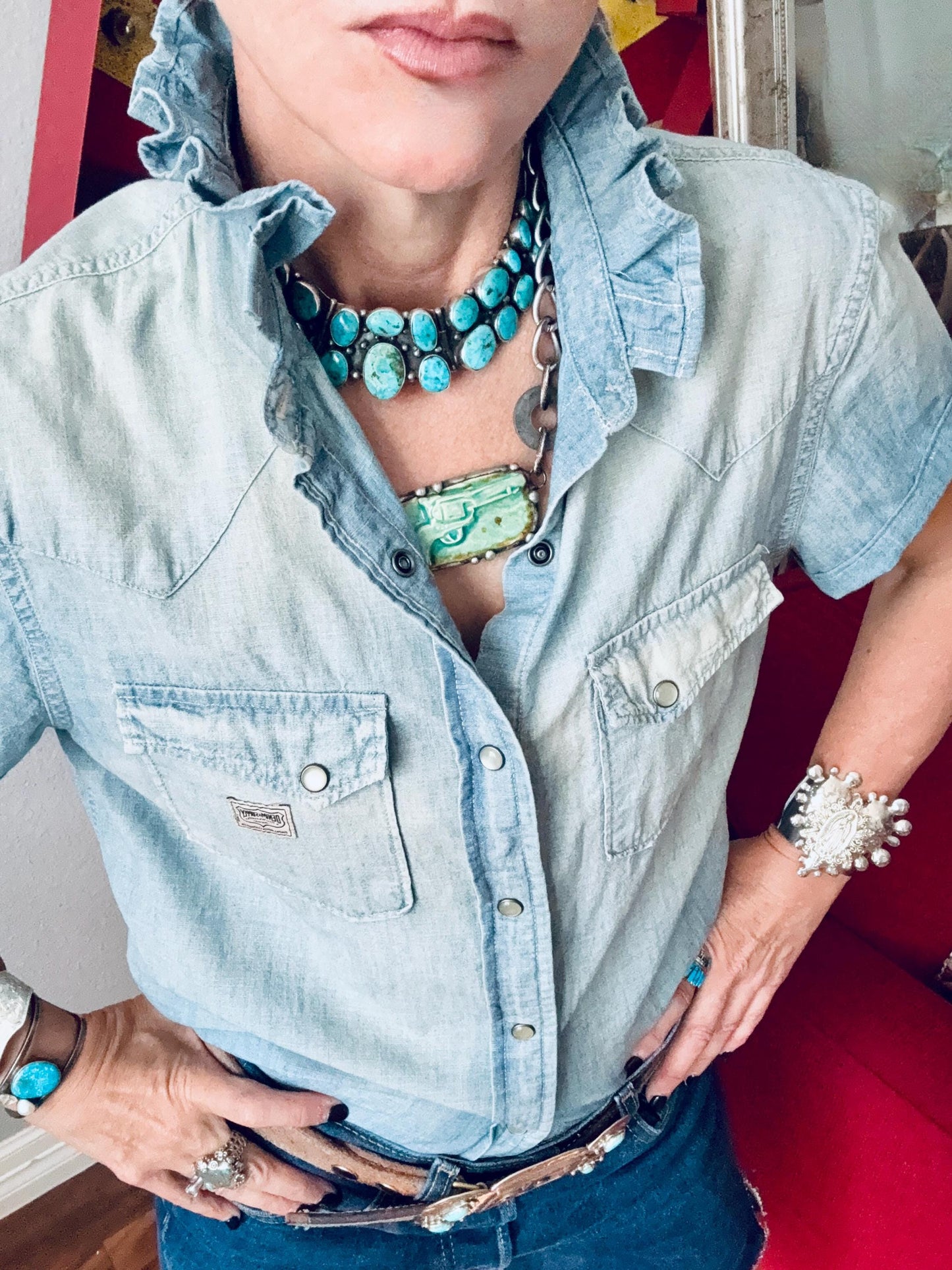 Reworked Ralph Lauren Pearl Snap Shirt:  Light Wash and Light Weight Denim Ruffle Collar Top Classic Fit