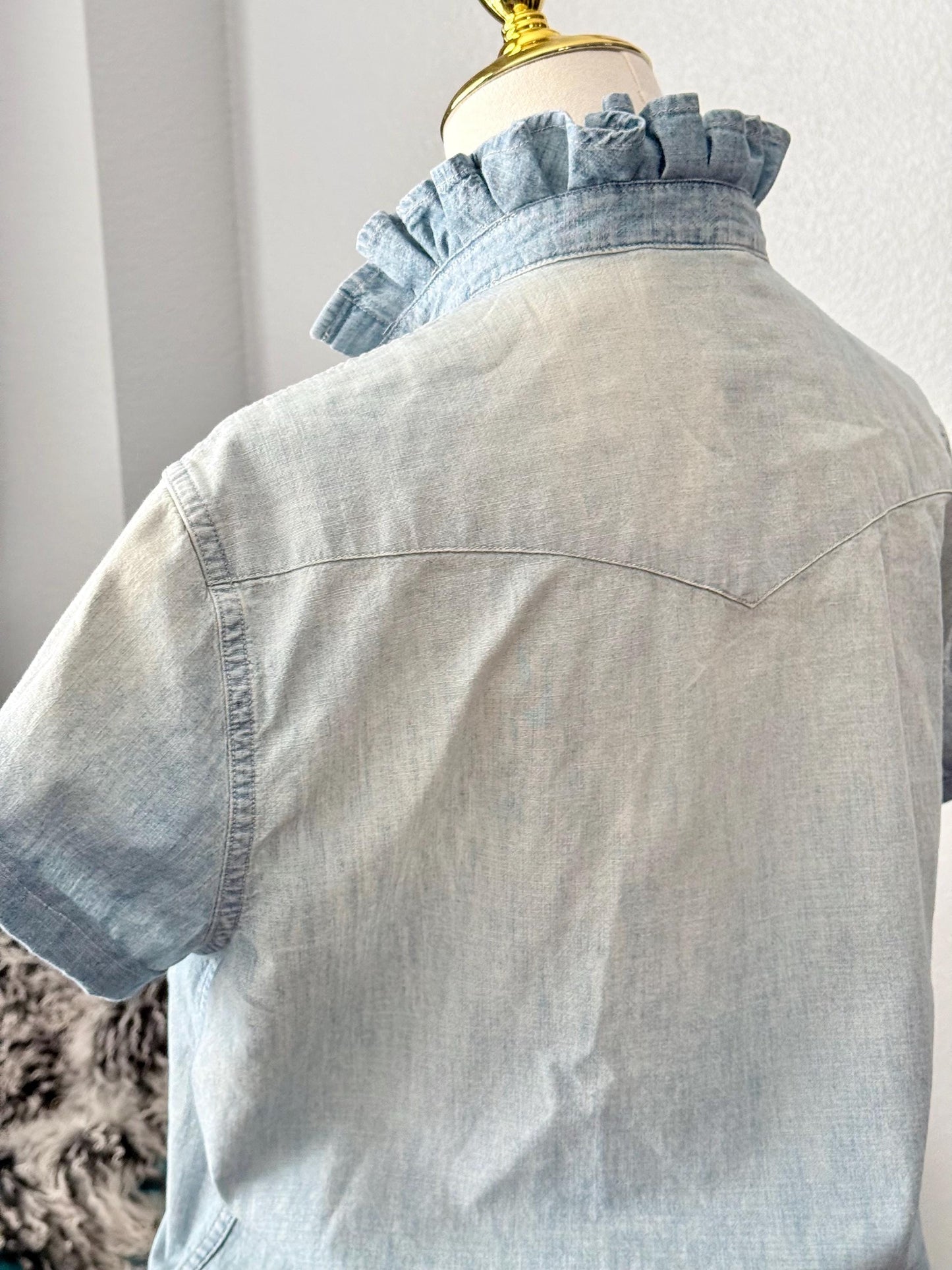 Reworked Ralph Lauren Pearl Snap Shirt:  Light Wash and Light Weight Denim Ruffle Collar Top Classic Fit