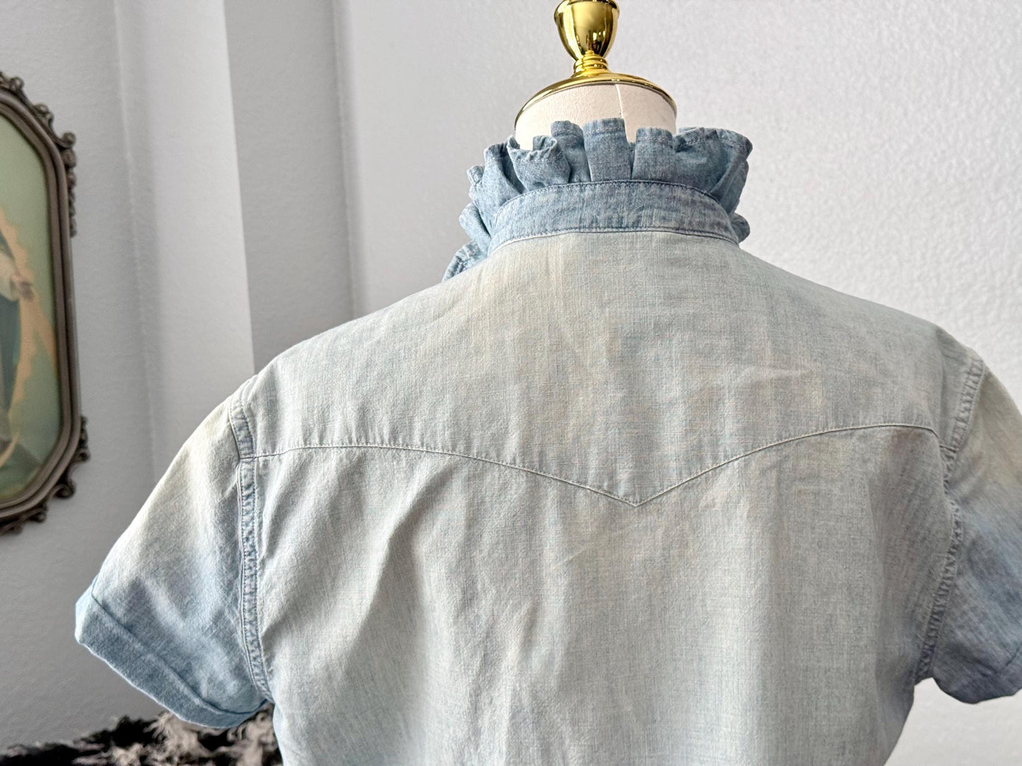 Reworked Ralph Lauren Pearl Snap Shirt:  Light Wash and Light Weight Denim Ruffle Collar Top Classic Fit