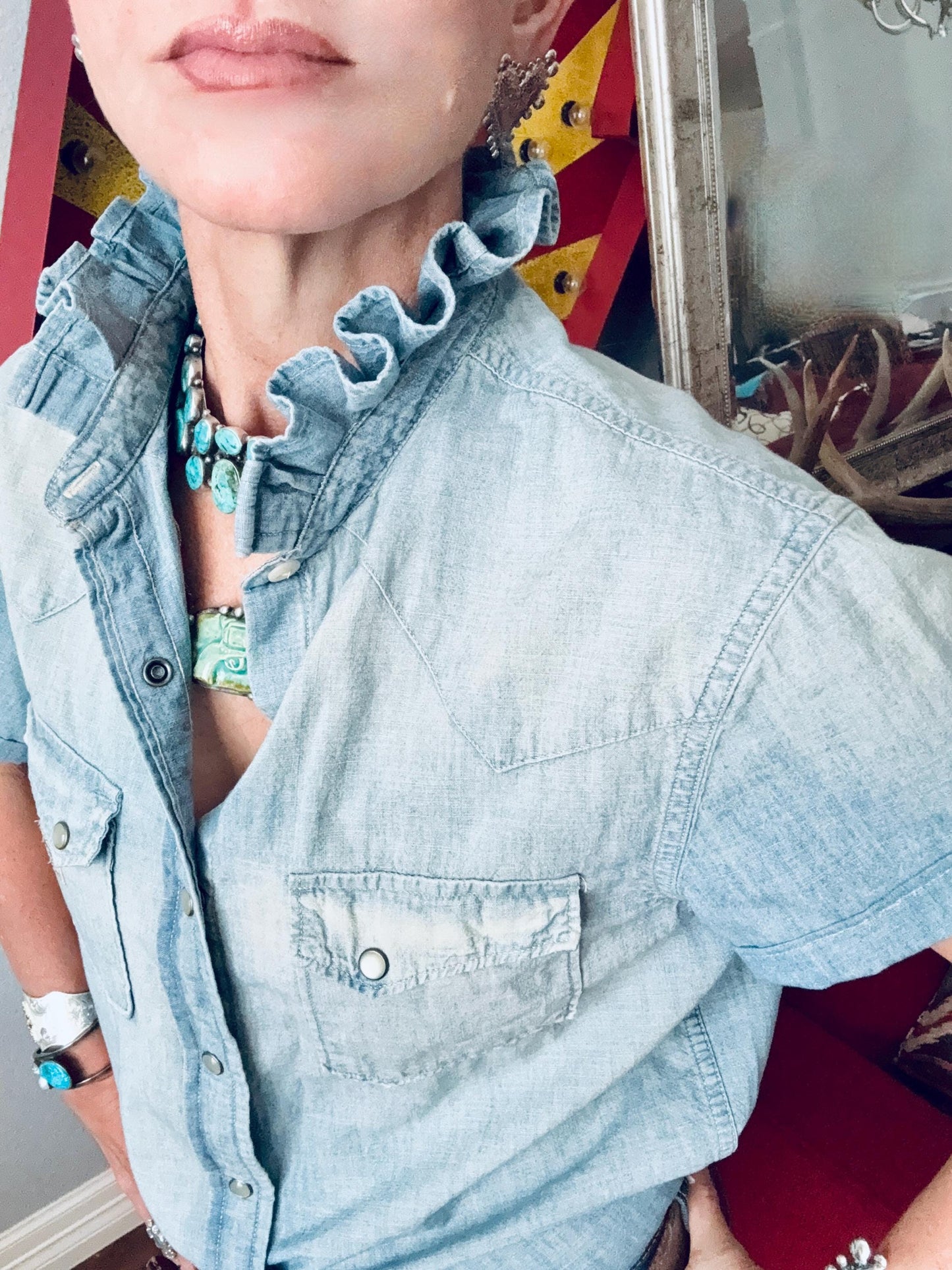 Reworked Ralph Lauren Pearl Snap Shirt:  Light Wash and Light Weight Denim Ruffle Collar Top Classic Fit