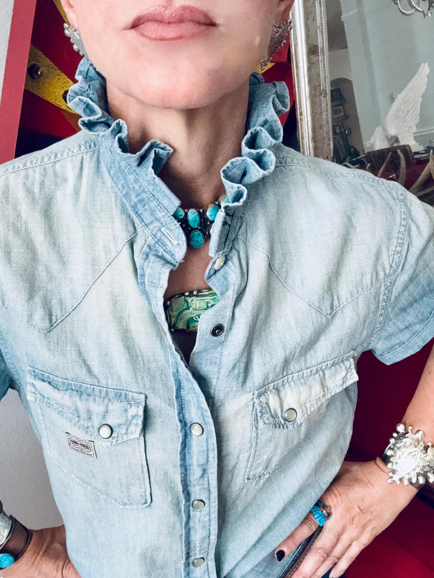 Reworked Ralph Lauren Pearl Snap Shirt:  Light Wash and Light Weight Denim Ruffle Collar Top Classic Fit