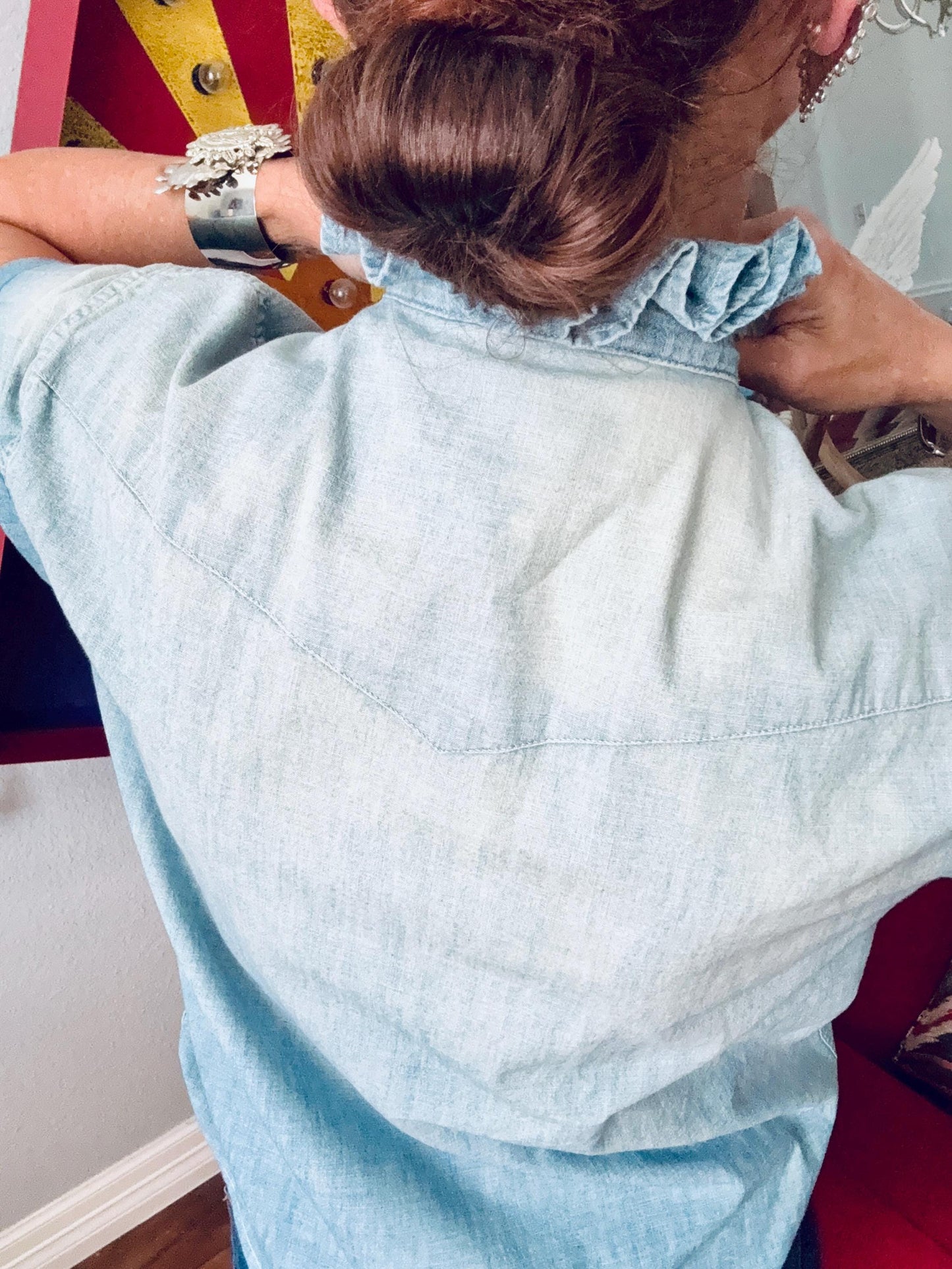 Reworked Ralph Lauren Pearl Snap Shirt:  Light Wash and Light Weight Denim Ruffle Collar Top Classic Fit