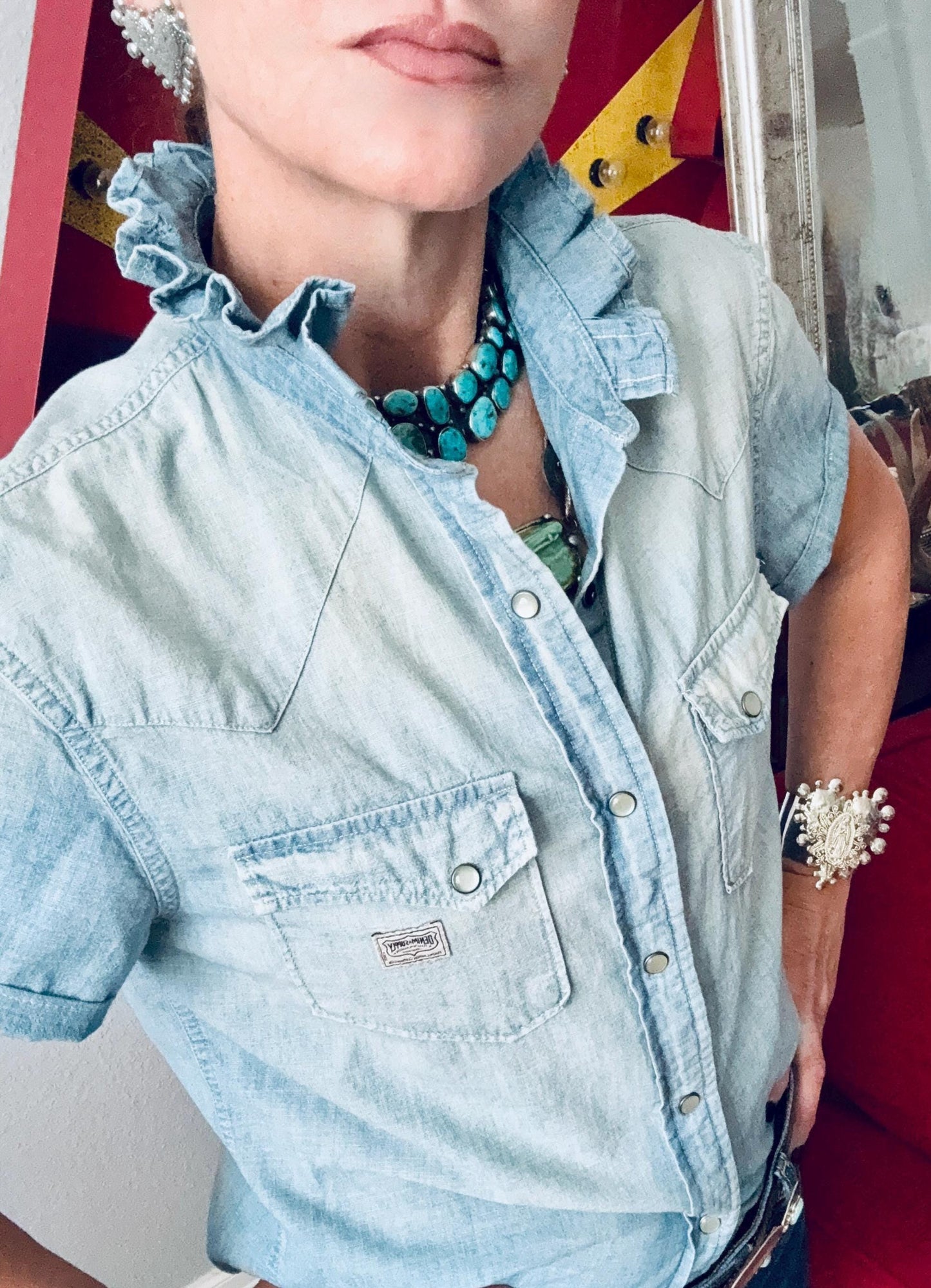 Reworked Ralph Lauren Pearl Snap Shirt:  Light Wash and Light Weight Denim Ruffle Collar Top Classic Fit