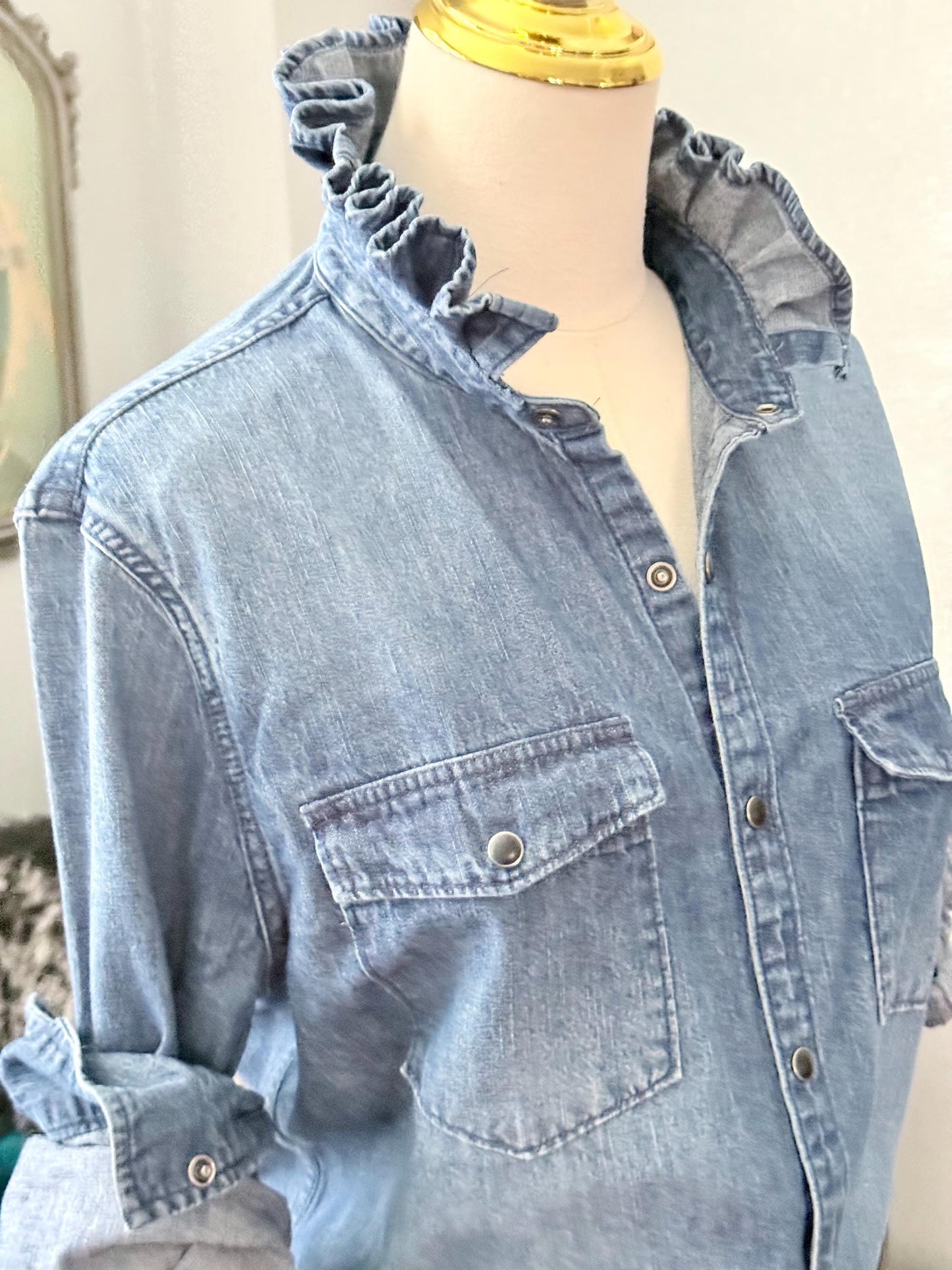 Reworked Medium Wash Denim Snap Ruffle Collar Top