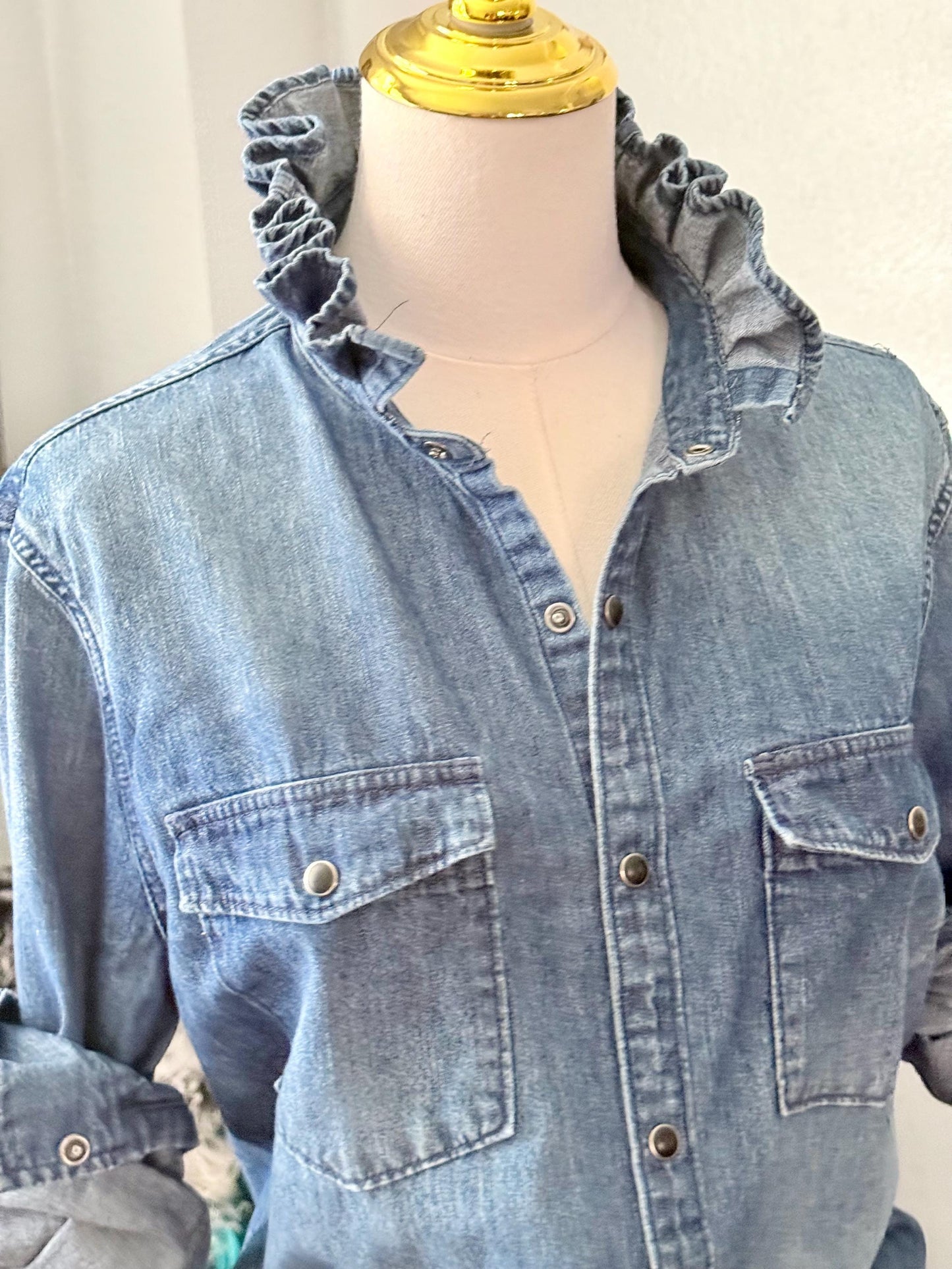 Reworked Medium Wash Denim Snap Ruffle Collar Top