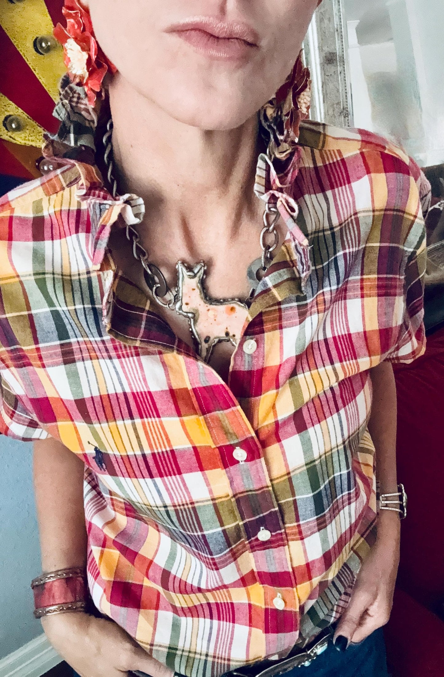 Fuchsia and Orange Plaid Ralph Lauren: Reworked Ruffle Collar Classic Fit Top