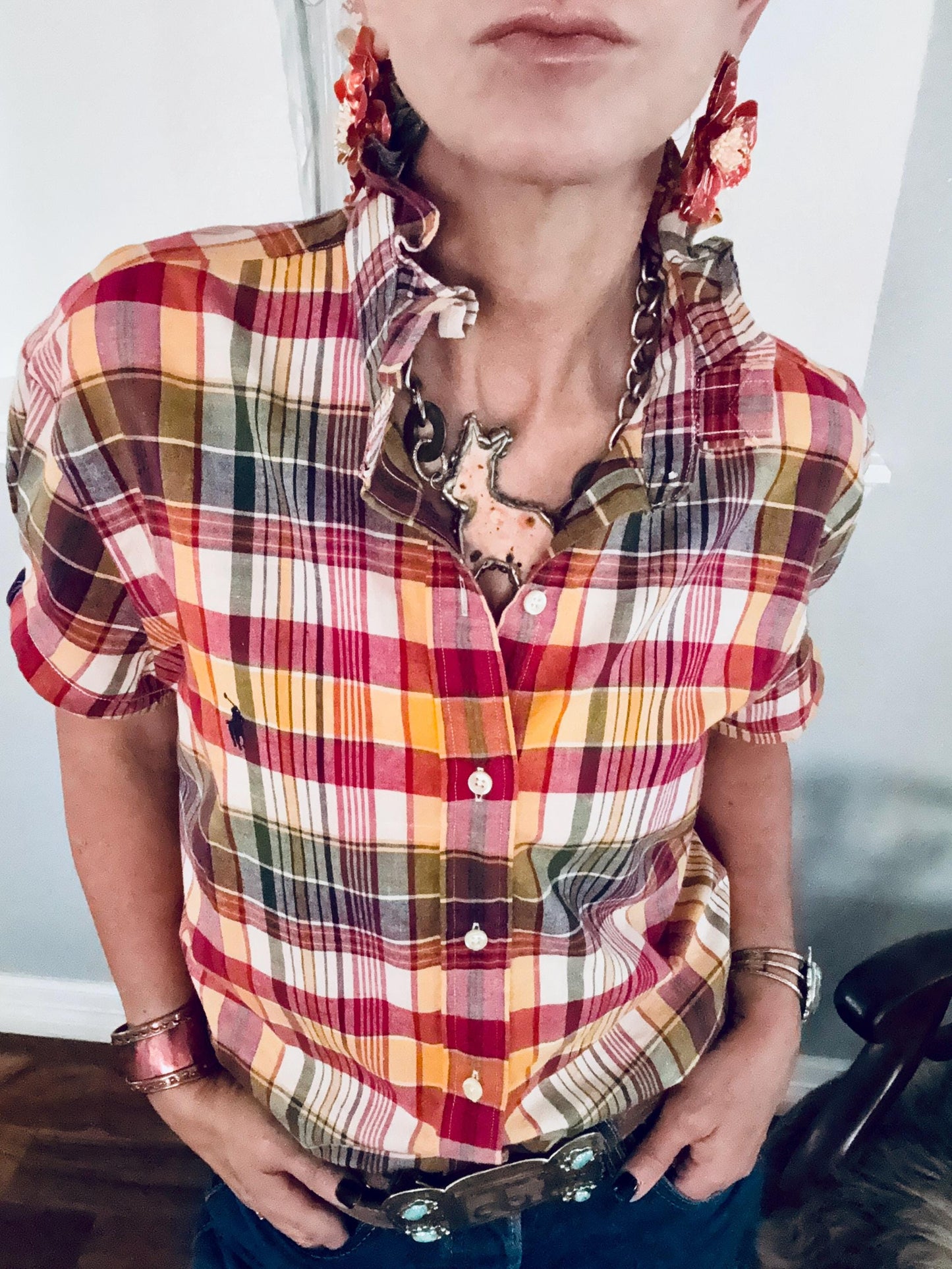 Fuchsia and Orange Plaid Ralph Lauren: Reworked Ruffle Collar Classic Fit Top