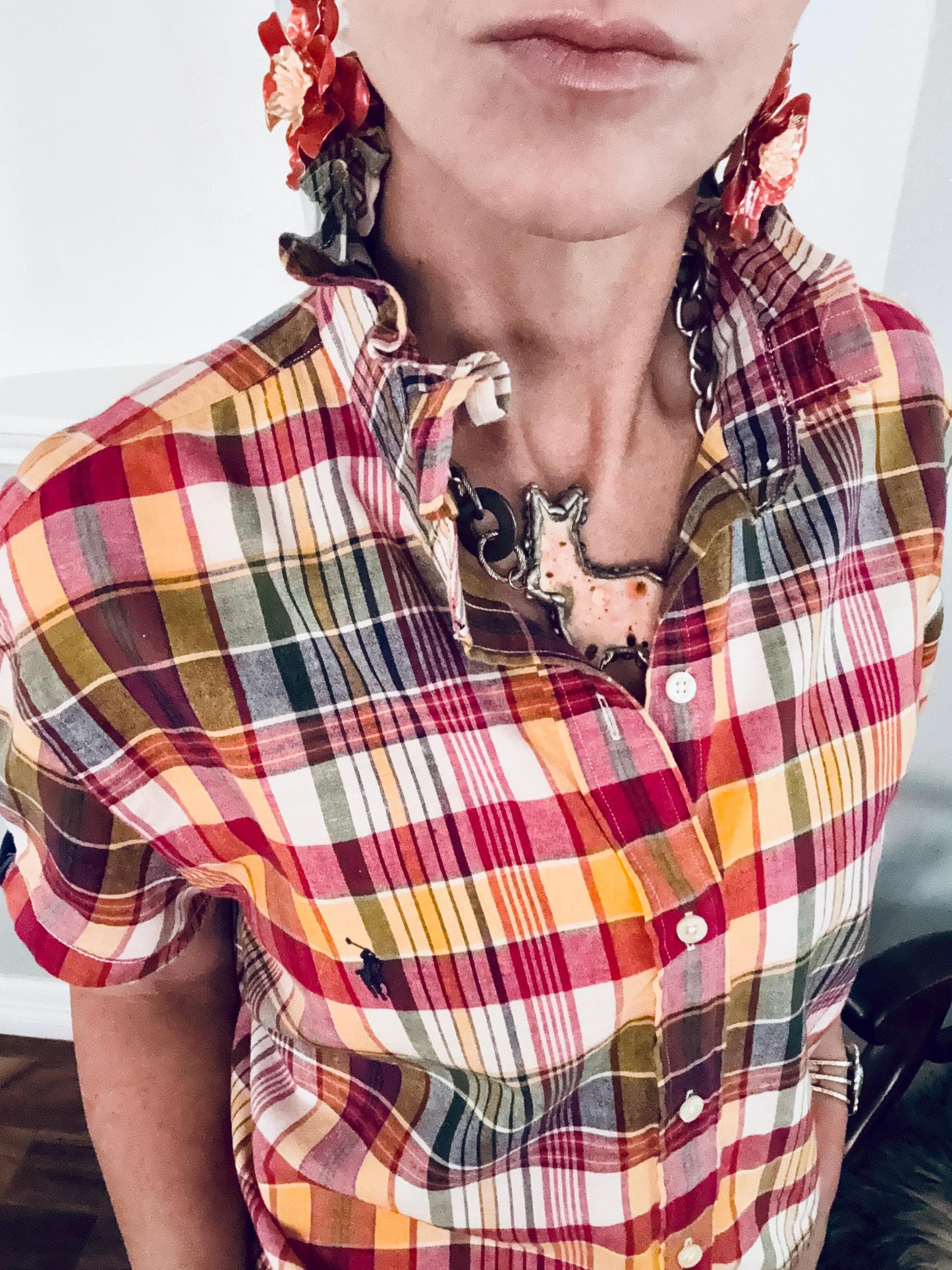 Fuchsia and Orange Plaid Ralph Lauren: Reworked Ruffle Collar Classic Fit Top