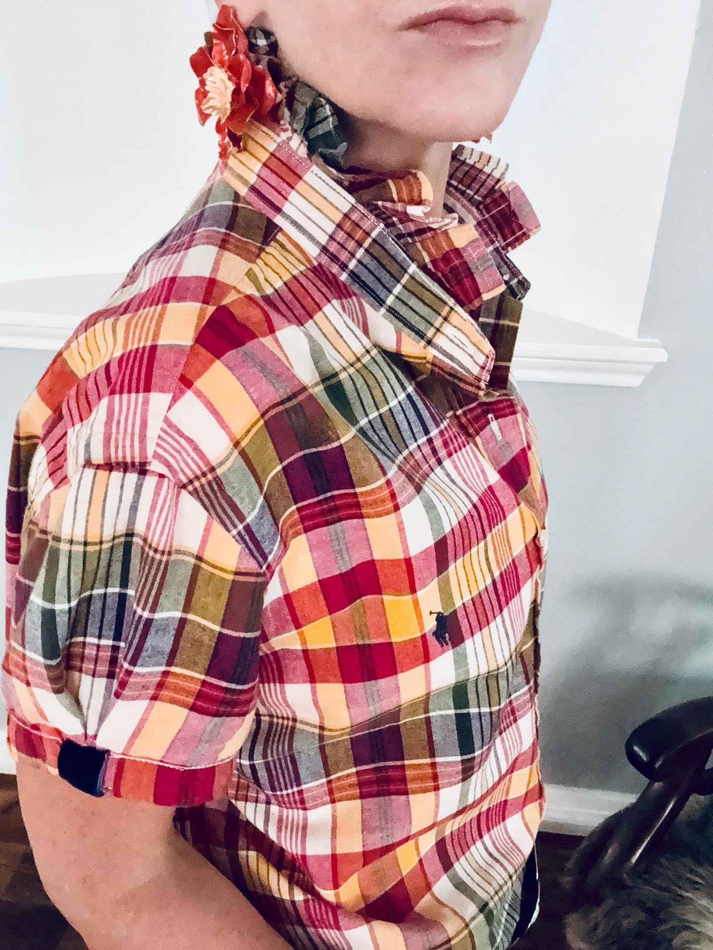 Fuchsia and Orange Plaid Ralph Lauren: Reworked Ruffle Collar Classic Fit Top