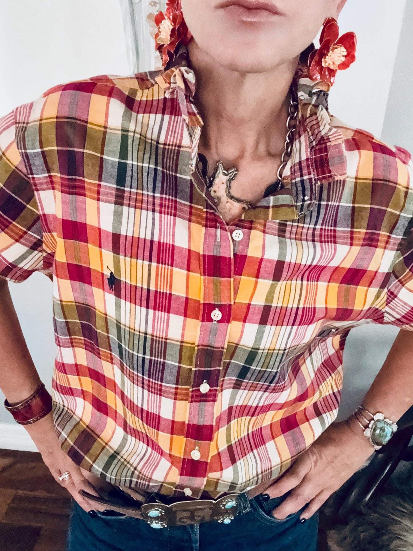 Fuchsia and Orange Plaid Ralph Lauren: Reworked Ruffle Collar Classic Fit Top
