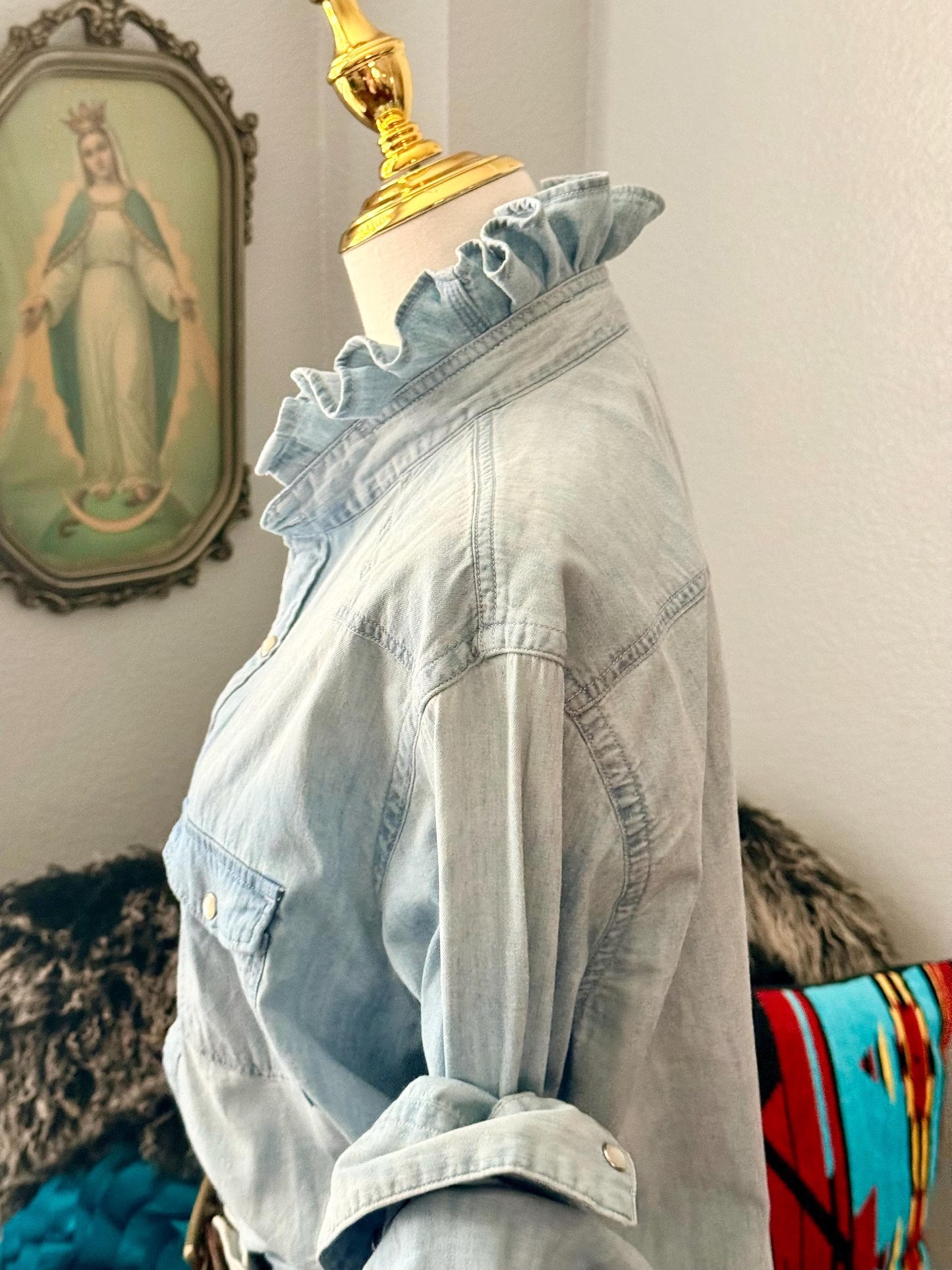 Reworked Light Wash and Light Weight Denim Snap Ruffle Collar Top