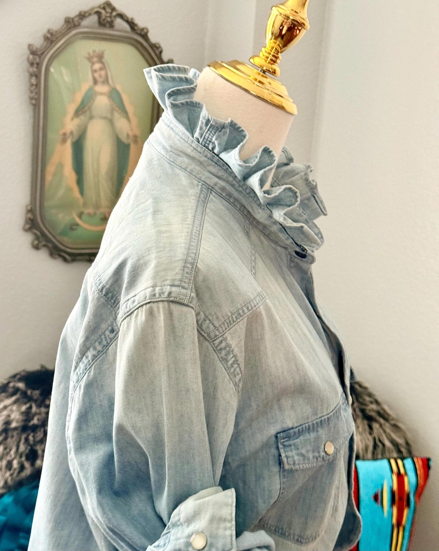Reworked Light Wash and Light Weight Denim Snap Ruffle Collar Top