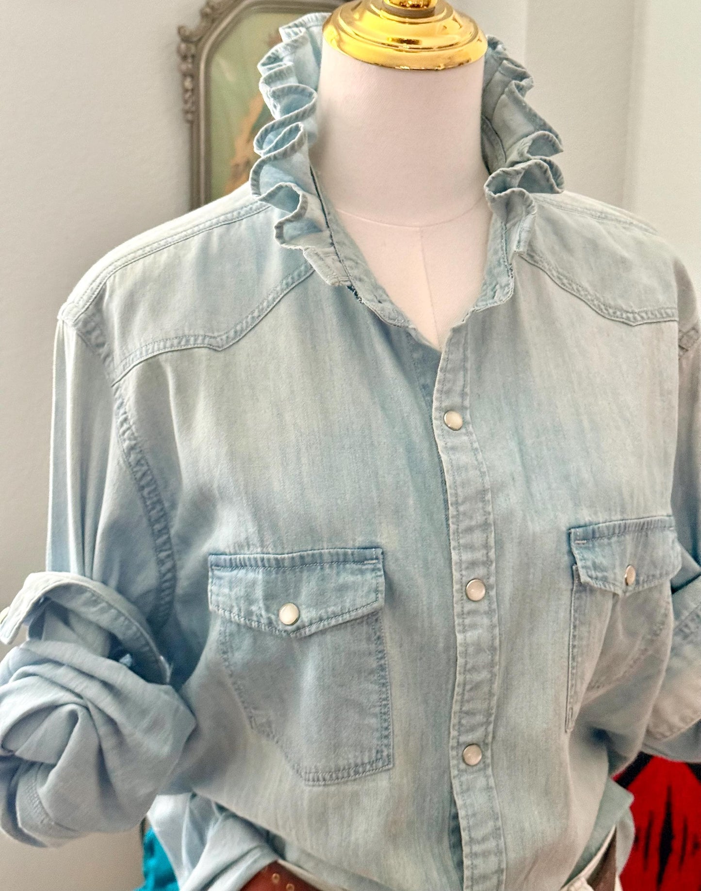 Reworked Light Wash and Light Weight Denim Snap Ruffle Collar Top