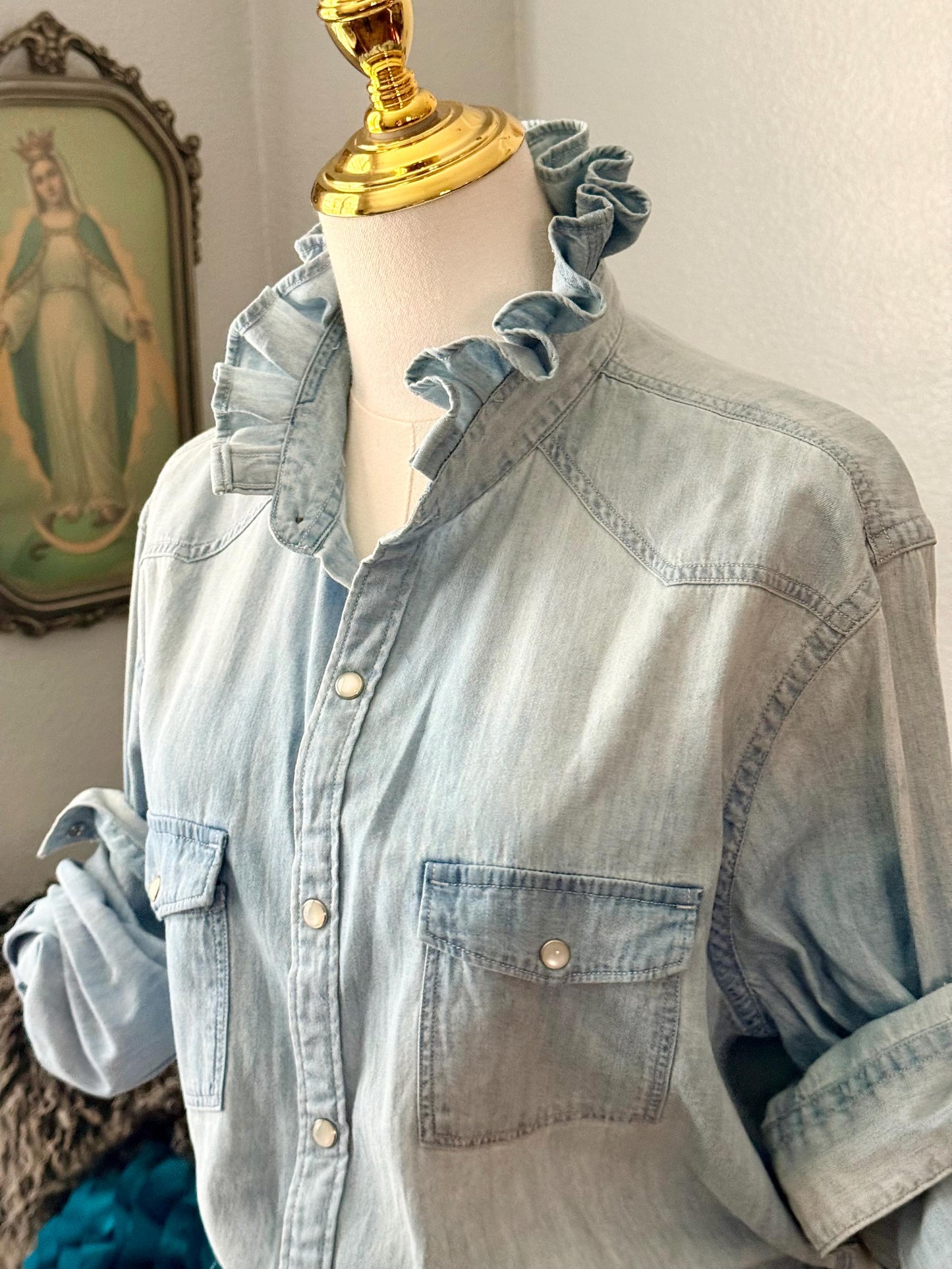 Reworked Light Wash and Light Weight Denim Snap Ruffle Collar Top